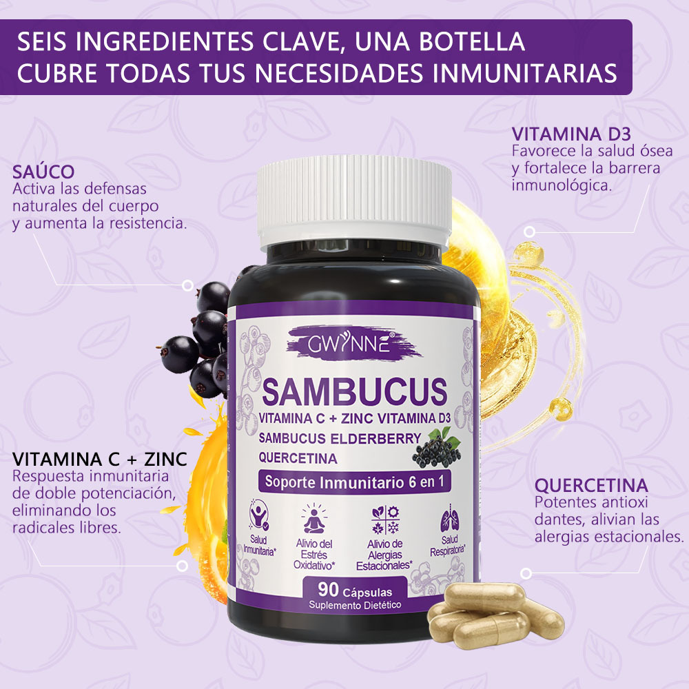 Gwynne Sambucus 6 En 1 Suplemento Con Extracto De Sauco 1000mg,vitamina C,d3,zinc Y Quercetina,soporte Inmunitario,alivio De Alergias Y Salud Respiratoria,90 Cápsulas