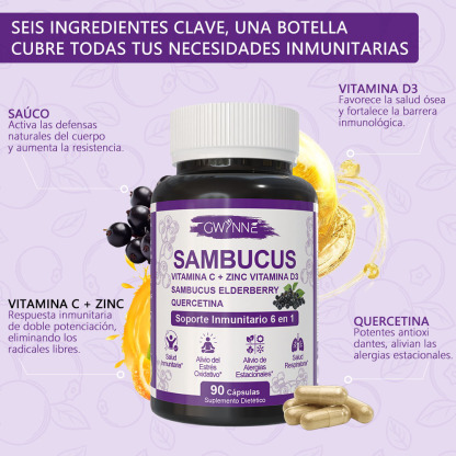 Gwynne Sambucus 6 En 1 Suplemento Con Extracto De Sauco 1000mg,vitamina C,d3,zinc Y Quercetina,soporte Inmunitario,alivio De Alergias Y Salud Respiratoria,90 Cápsulas