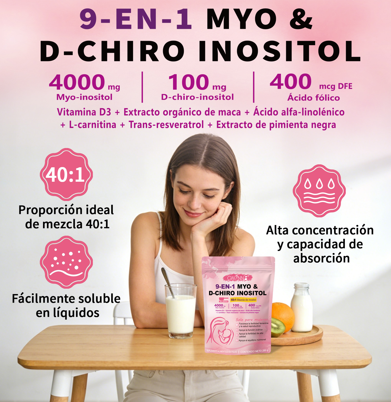 GWYNNE 40:1 Myo Y D Chiro Inositol Inositol En Polvo 250g