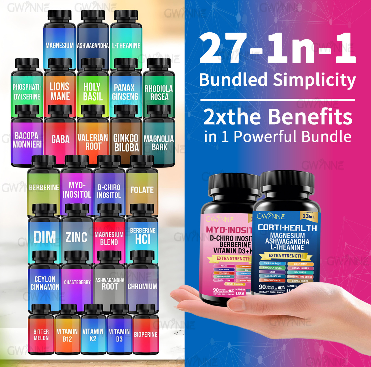 Gwynne Suplemento De Cortisol 90 Cápsulas + Suplemento De Inositol Myo-inositol Y D 90 Cápsulas,con Glicinato De Magnesio,vitamina B12 Y K2