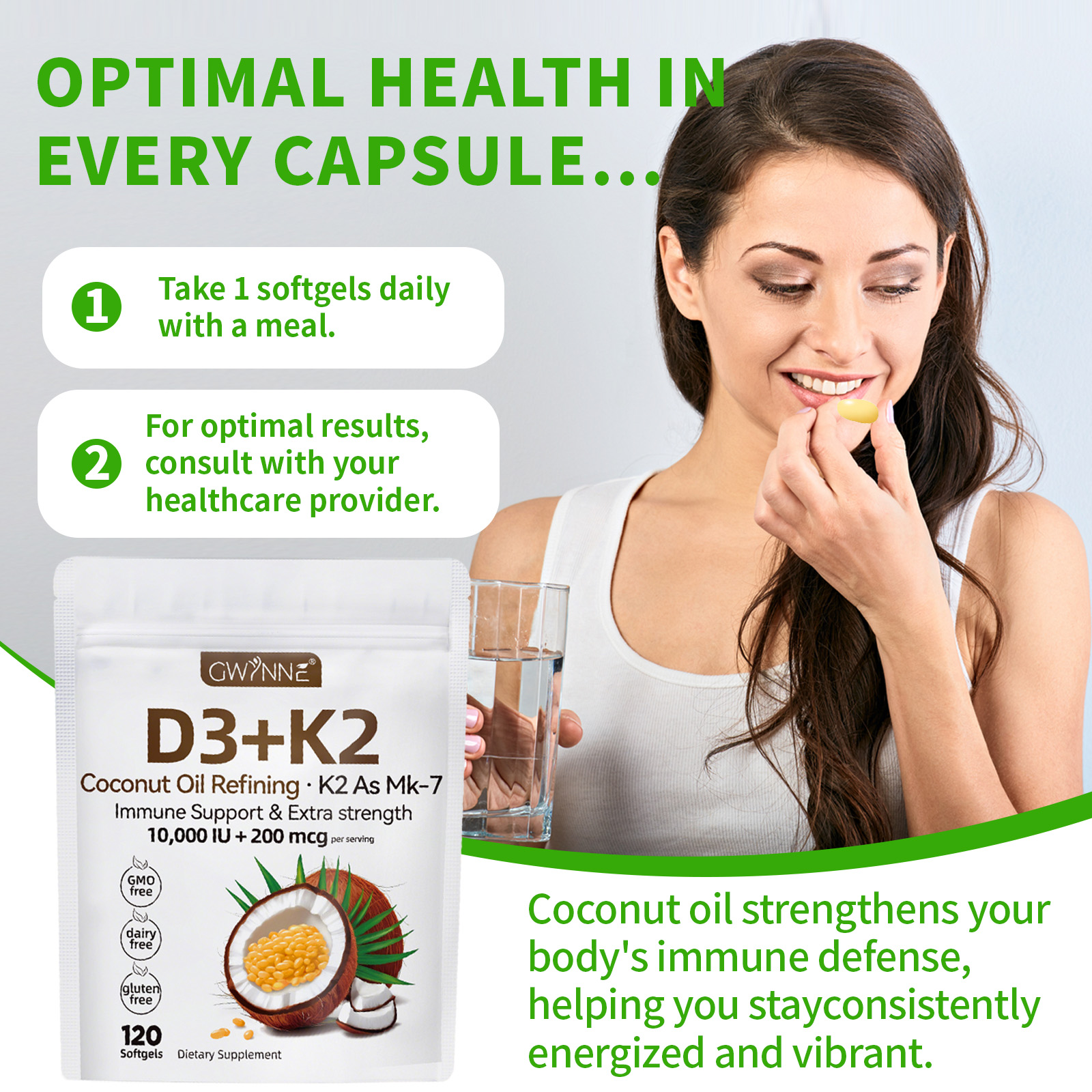 Gwynne Vitamina D3 10.000ui + K2 Mk-7 200mcg,120cápsulas 2 En 1 Aceite De Coco Vírgenapoyo Óseo,inmunológico Y Cardíaco