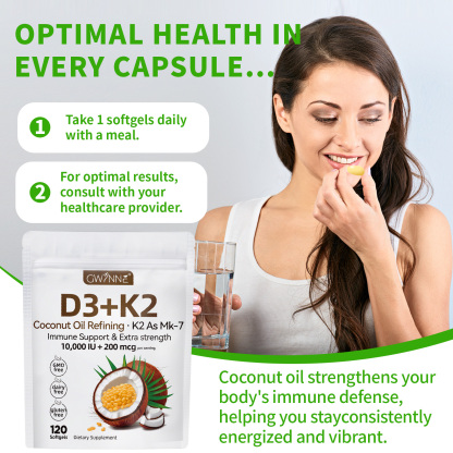 Gwynne Vitamina D3 10.000ui + K2 Mk-7 200mcg,120cápsulas 2 En 1 Aceite De Coco Vírgenapoyo Óseo,inmunológico Y Cardíaco
