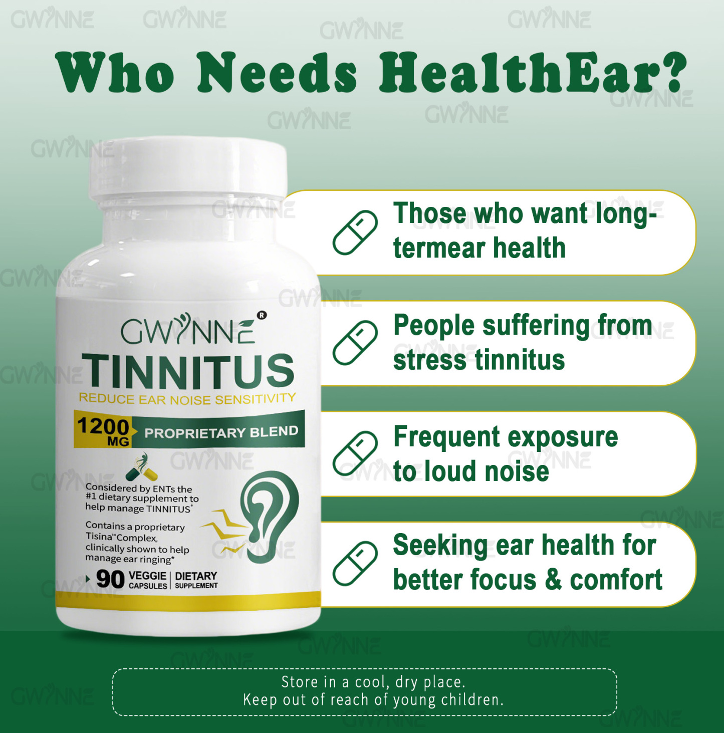 GWYNNE 1200mg Alivio del zumbido en los oídos – Suplemento con vitamina C & Complejo B–Clínicamente probado para el zumbido en los oídos & Alivio del síndrome de Meniere 90Cápsuls
