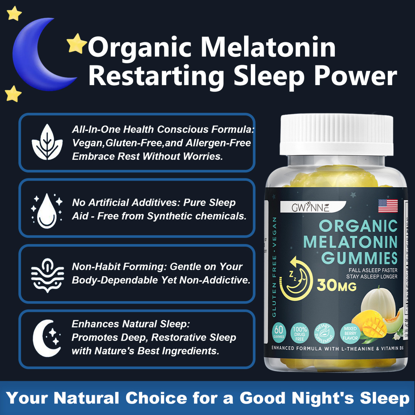 Premium Melatonin 30mg Gummies GWYNNE Ayuda a conciliar el sueño Tranquilidad y sueño prolongado Ayuda a aliviar el estrés Crecimiento muscular Suplemento dietético 60 Gummies