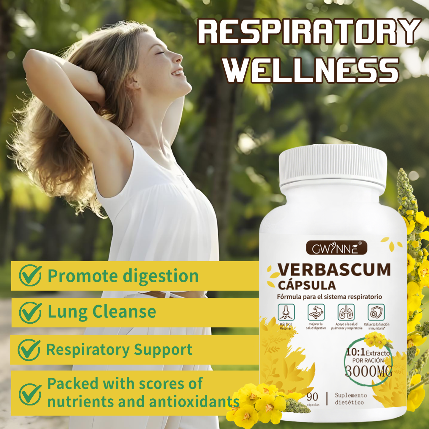 Gwynne Extracto De Hoja De Verbascum Thapsus,con Mullein 10: 1 3000mg,90capsules - Suplemento Herbal De Desintoxicación Pulmonar Natural,apoya La Salud Respiratoria E Inmune,limpieza Pulmonar