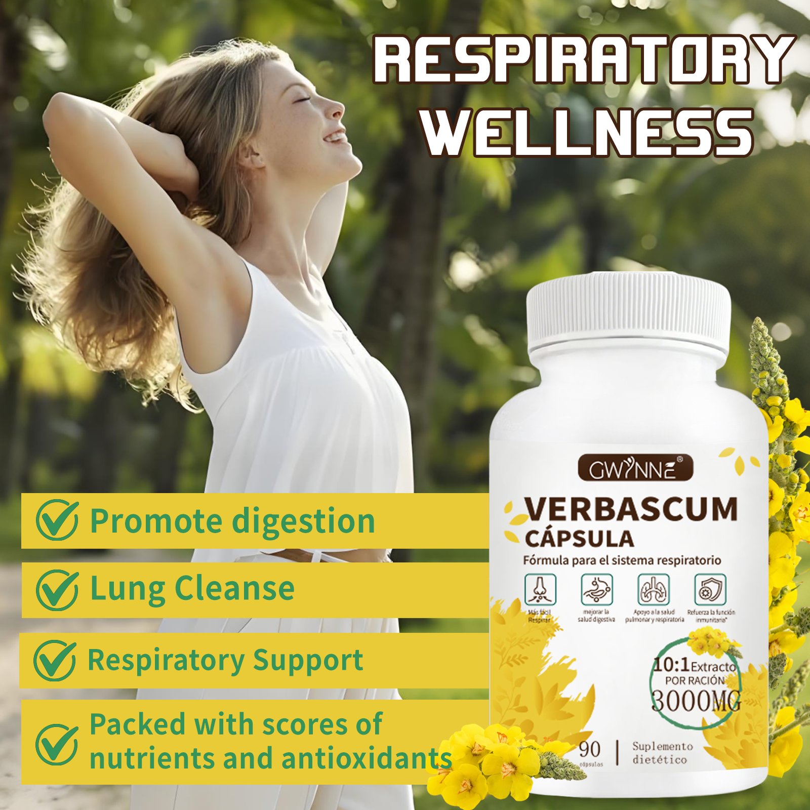 Gwynne Extracto De Hoja De Verbascum Thapsus,con Mullein 10: 1 3000mg,90capsules - Suplemento Herbal De Desintoxicación Pulmonar Natural,apoya La Salud Respiratoria E Inmune,limpieza Pulmonar