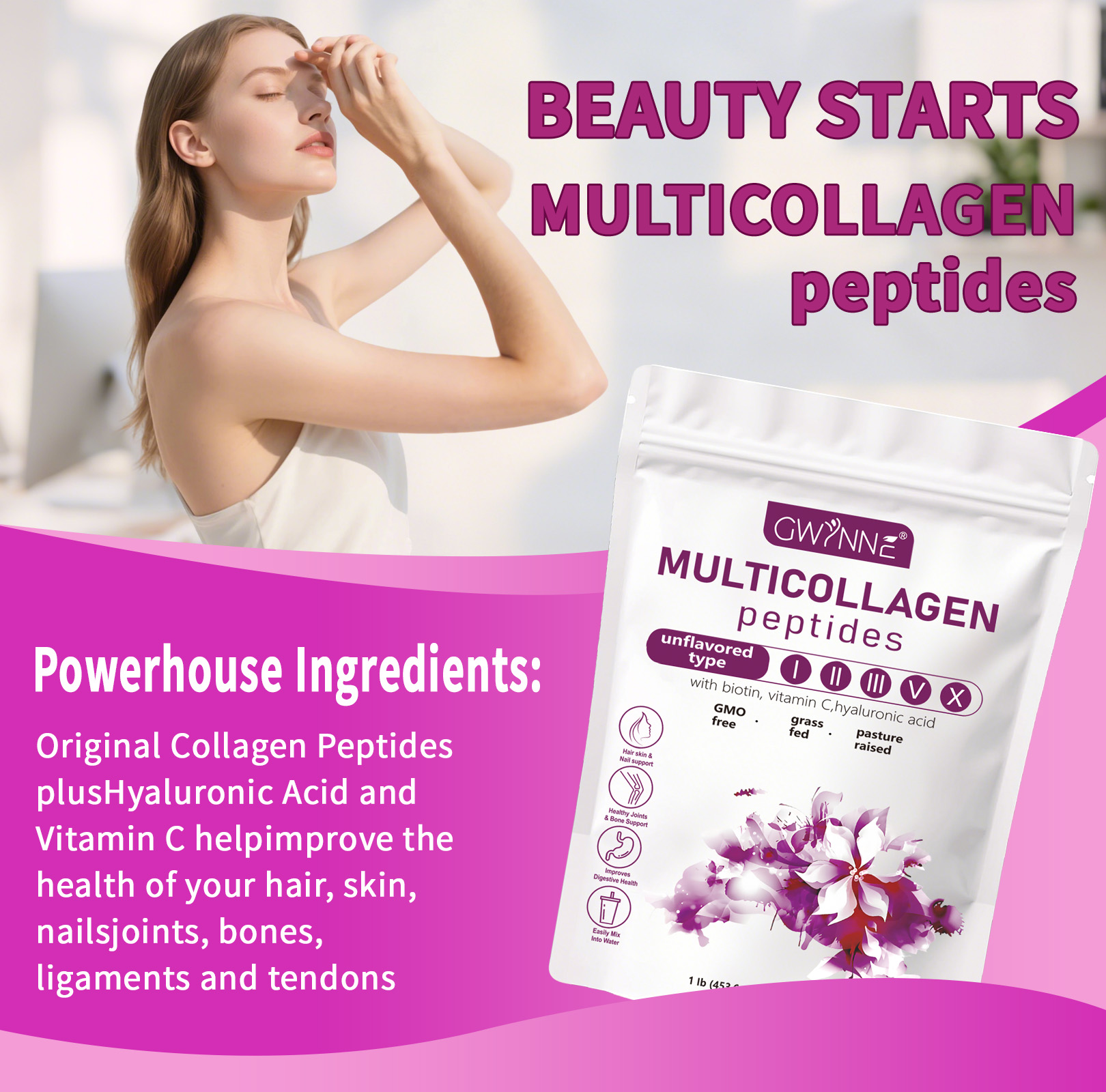 Gwynne Multicollagen Peptides Polvo,con Biotina,453.6g Sin Sabor