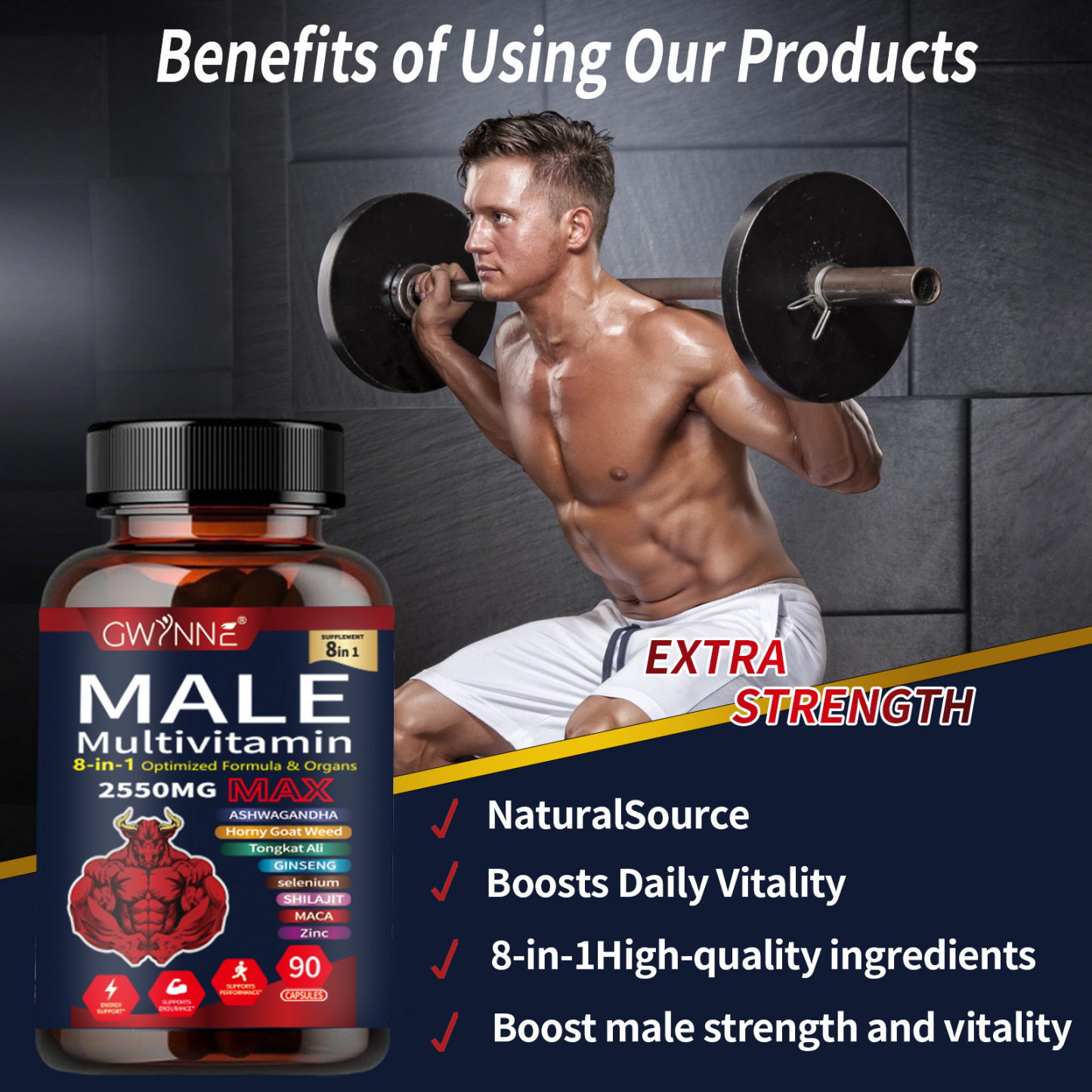 Gwynne Multivitamina Para Hombre 90 Cápsula,8 En 1 Multivitaminas Para Hombres Diarias 2550 Mg Max Con Zinc,shilajit,horny Goat Weed,etc,apoyo A La Energía Físicas