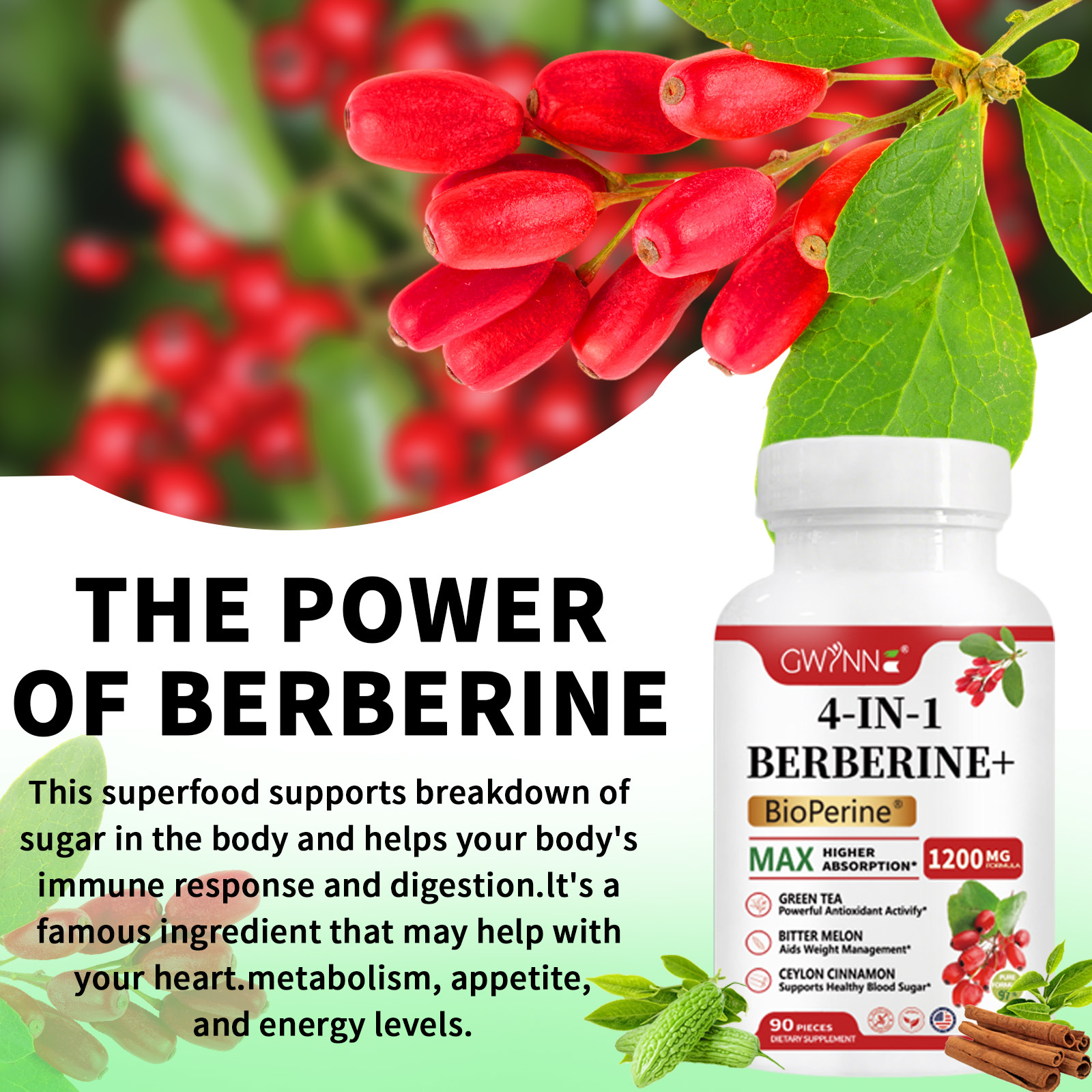 Gwynne 4 En 1 Berberina Y Bioperine 1200mg Con Melón Amargo,canela De Ceilán Y Extracto De Té Verde,apoyo A La Salud Del Corazón,sistema Inmunológico,gi Saludable,90 Cápsulas