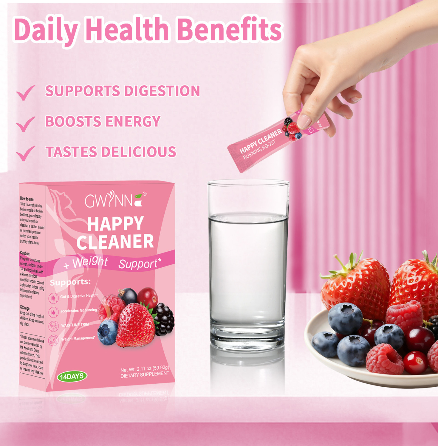 Gwynne Happy Cleaner Polvo Prebiótico Probiótico - Polvo De Mezcla De Bayas (14 Paquetes De Una Sola Porción) Con Frutas