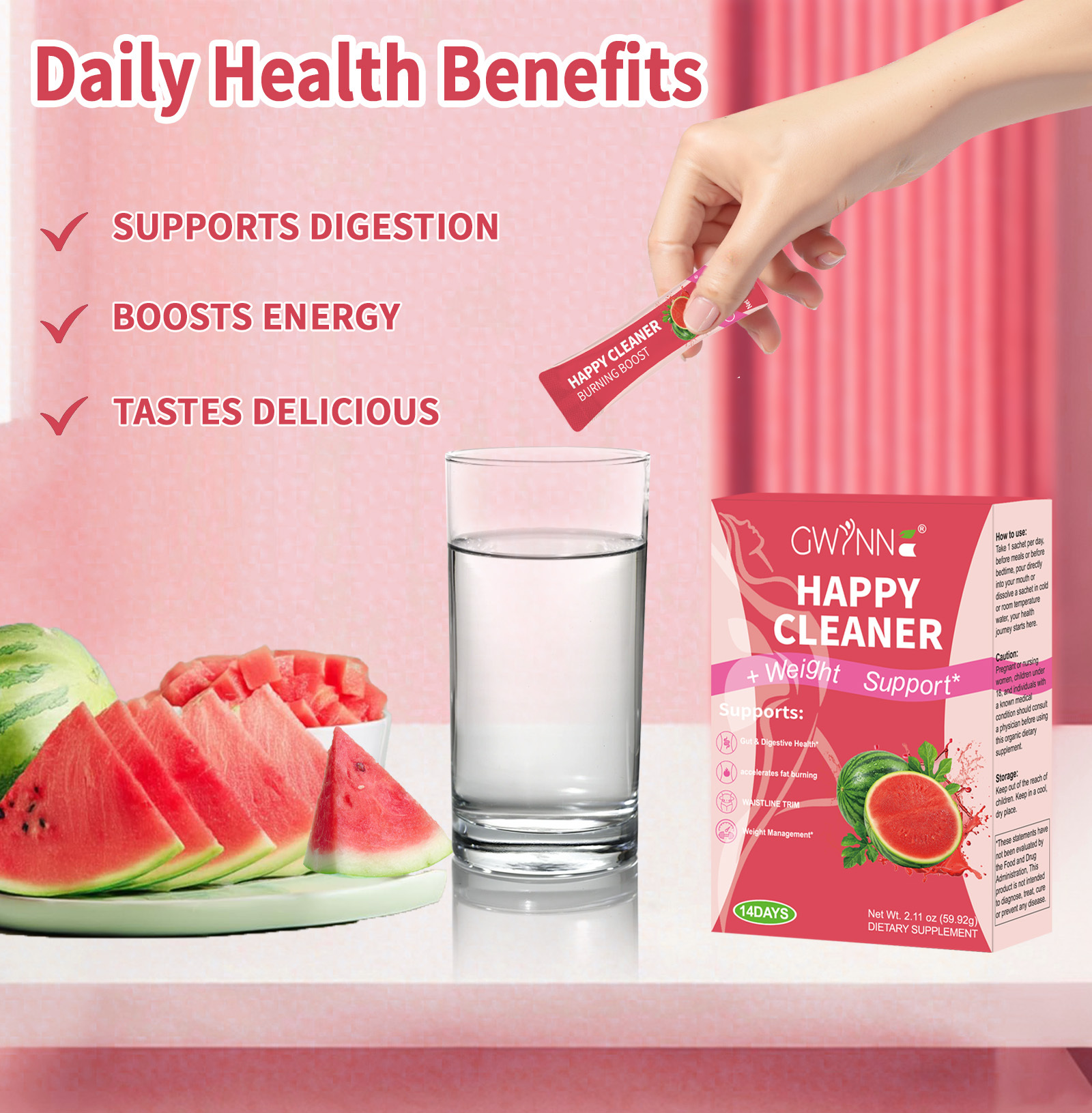 Gwynne Happy Cleaner Polvo Prebiótico Probiótico - Polvo De Mezcla De Sandía (14 Paquetes De Una Sola Porción) Con Frutas