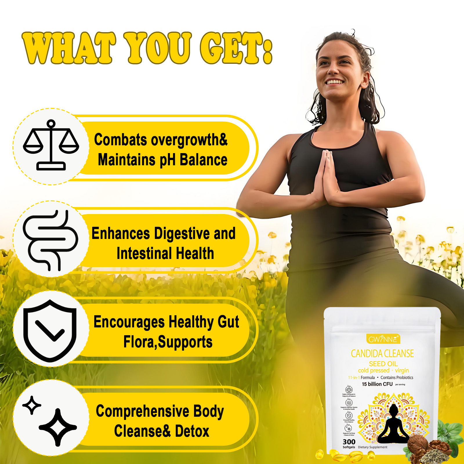 Gwynne Candida Cleanse Seed Oil Cápsulas,hierbas Naturales Para La Desintoxicación Intestinal Con 15 Billion Cfu,300 Cápsulas,11-in-1 Formula Con Hoja De Orégano,ácido Caprílico Y Probiotics