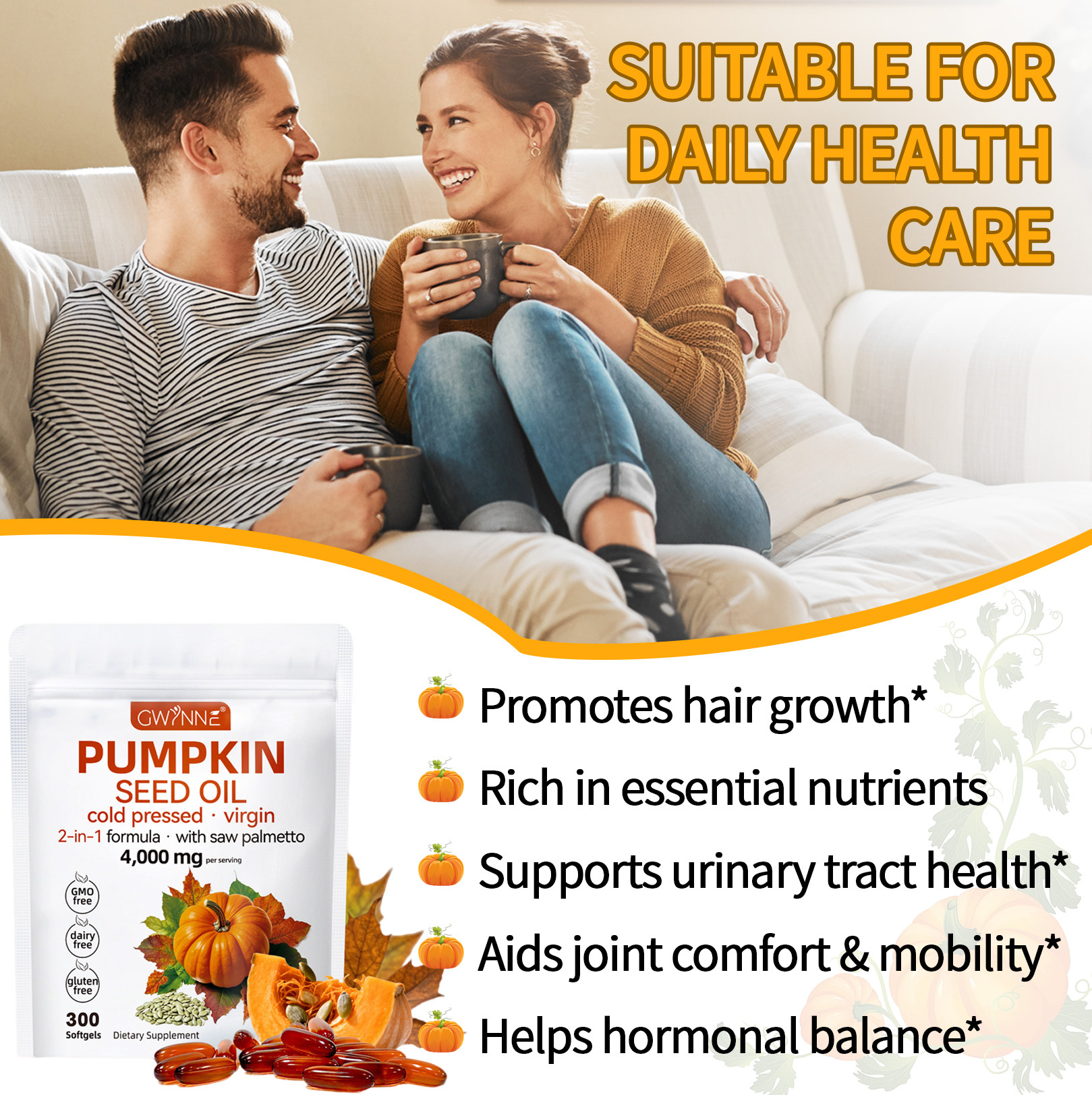 Gwynne 4000mg Cápsulas De Aceite De Semilla De Calabaza,cold Pressed,pure Virgin Oil,apoyar La Salud Del Cabello,el Sistema Urinario Y La Próstata,rico En Ácidos Grasos Y Phytosterols 300cápsulas