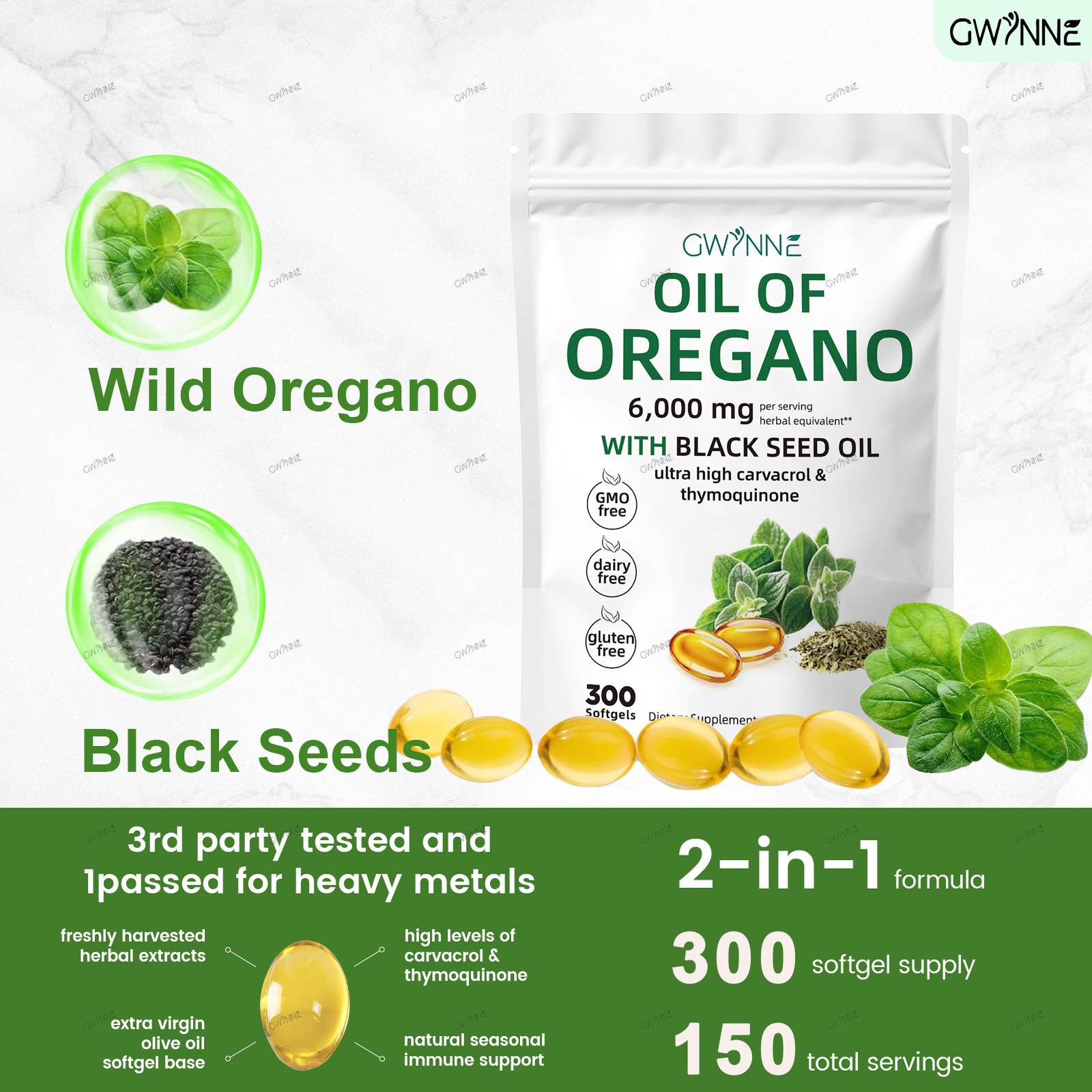 Gwynne Micro Ingredients Aceite De Orégano Cápsulas Oil Of Oregano Blandas 6000mg Por Dosis 300 Cápsulas