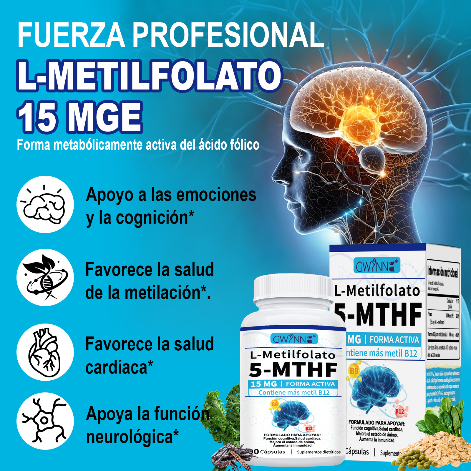 Gwynne L-metilfolato 15mg Plus Metil B12 Cofactor,alta Potencia,forma Activa De 5-mthf,soporta El Mood,metilación Y Cognición,90 Cápsulas,formas Bioactivas De Vitamina B12