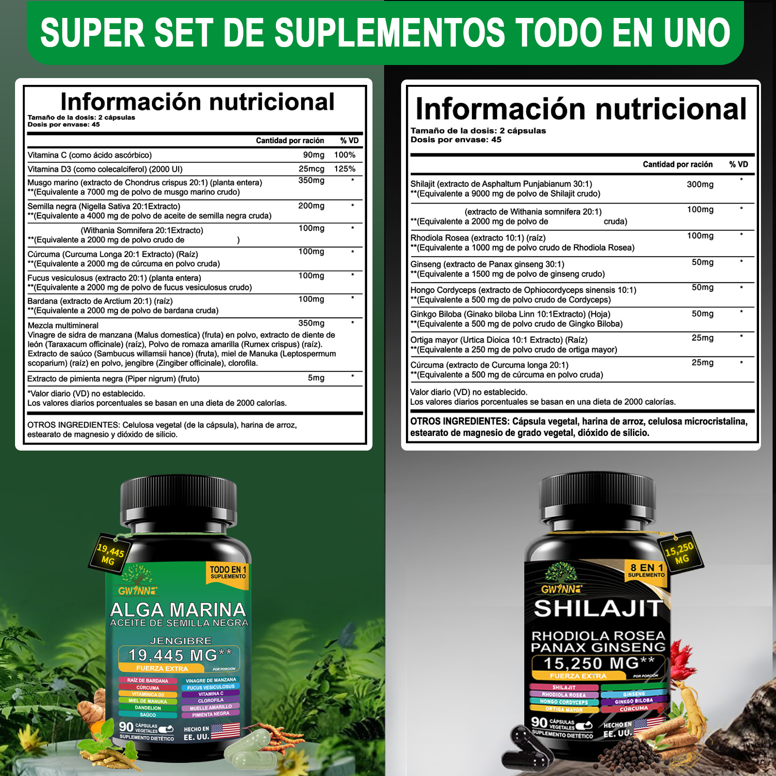 Gwynne All In 1 Shilajit Y Sea Moss Bundle 90 Cápsulas-contiene 29170 Mg De Musgo Marino, Aceite De Semilla Negra, Etc Y Contiene 22875 Mg De Shilajit,rhodiola Rosea, Etc