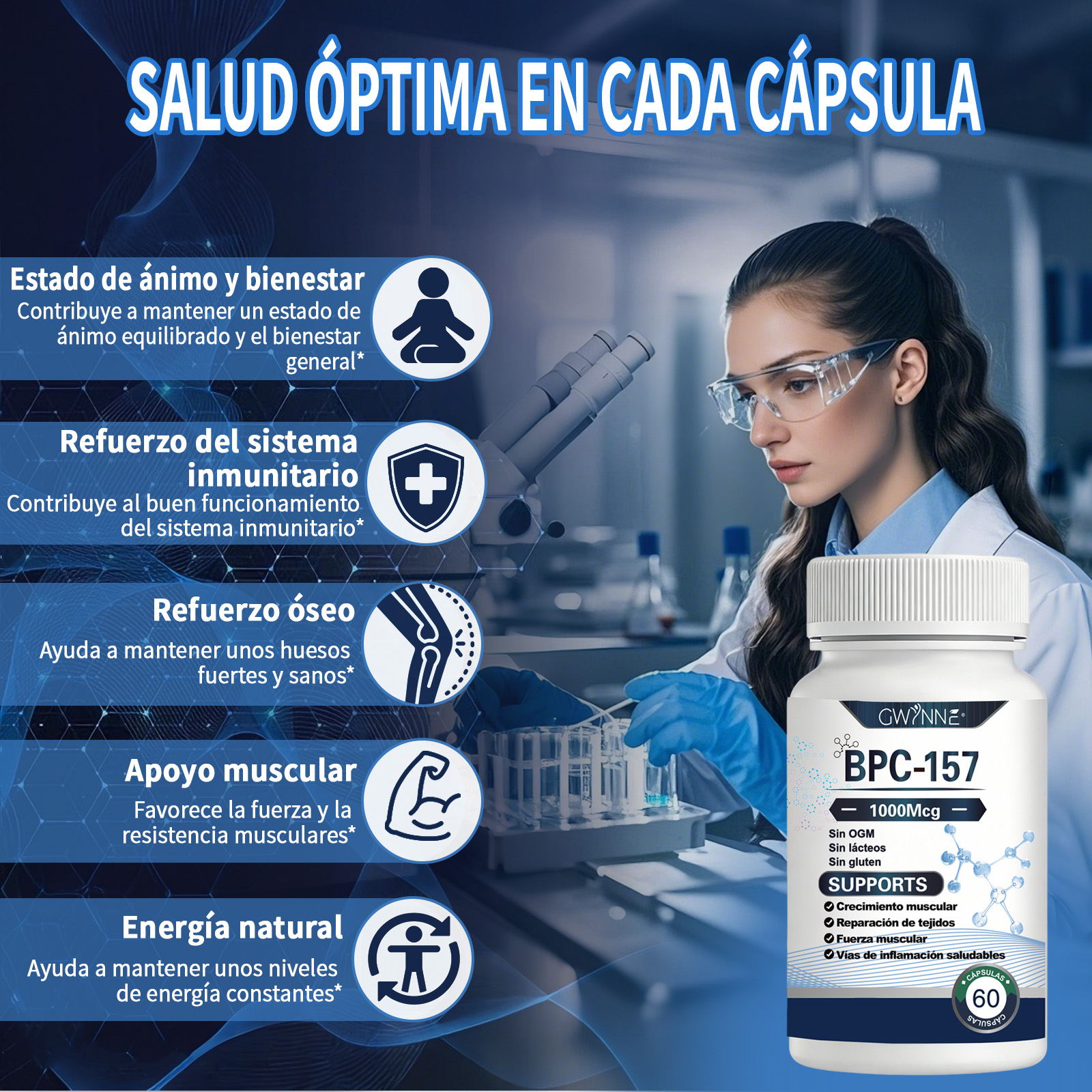 Gwynne Cápsulas De Péptidos Bpc-157 De Alta Potencia Para La Recuperación Muscular Y Del Ejercicio, Recuperación Acelerada Y Curación Intestinal 1000mcg 60 Cápsulas