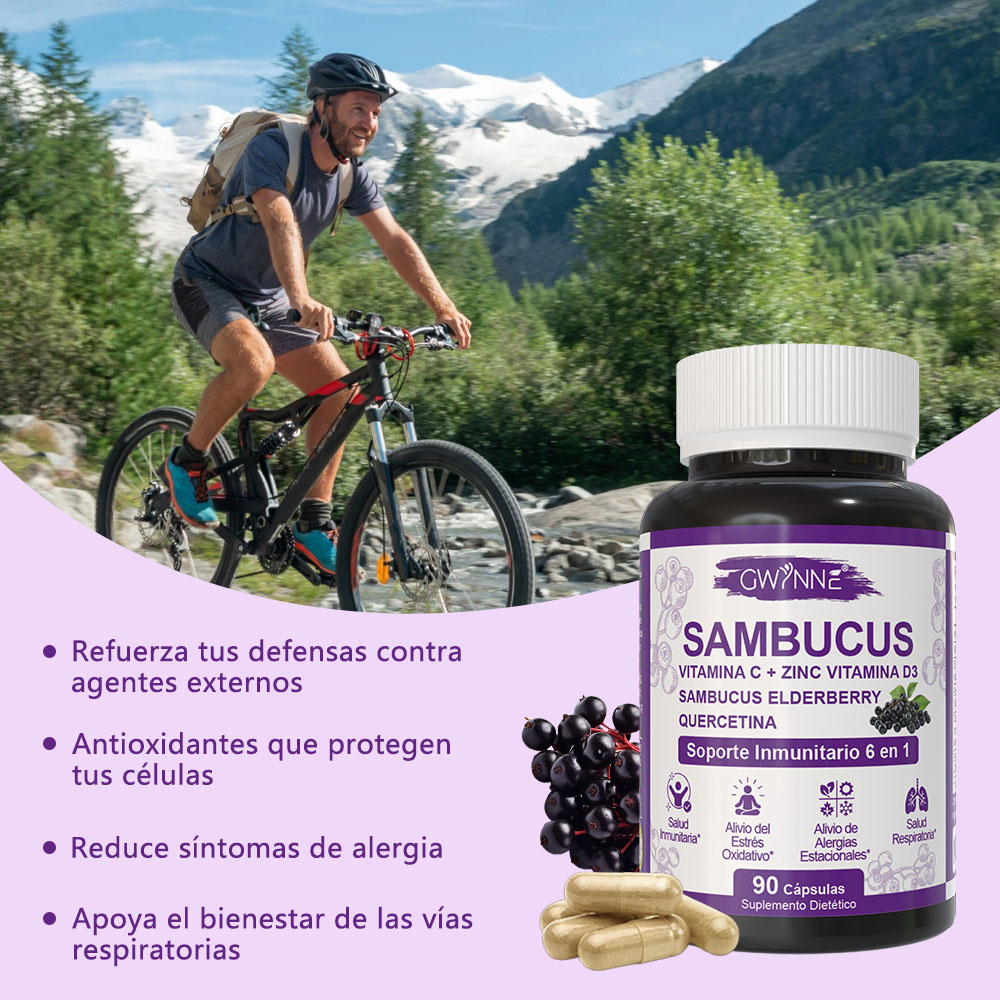 Gwynne Sambucus 6 En 1 Suplemento Con Extracto De Sauco 1000mg,vitamina C,d3,zinc Y Quercetina,soporte Inmunitario,alivio De Alergias Y Salud Respiratoria,90 Cápsulas