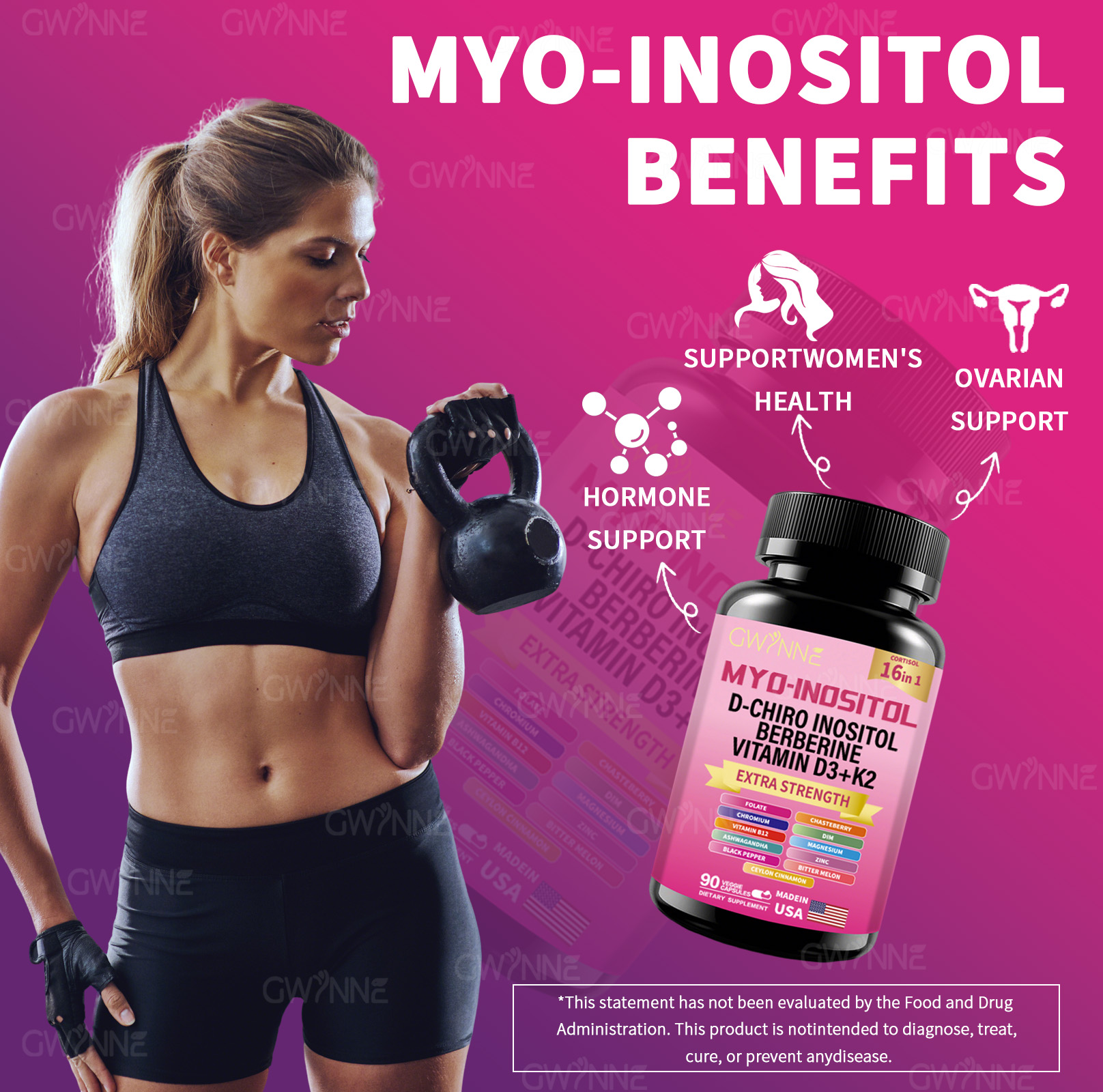 Gwynne Suplemento De Cortisol 90 Cápsulas + Suplemento De Inositol Myo-inositol Y D 90 Cápsulas,con Glicinato De Magnesio,vitamina B12 Y K2