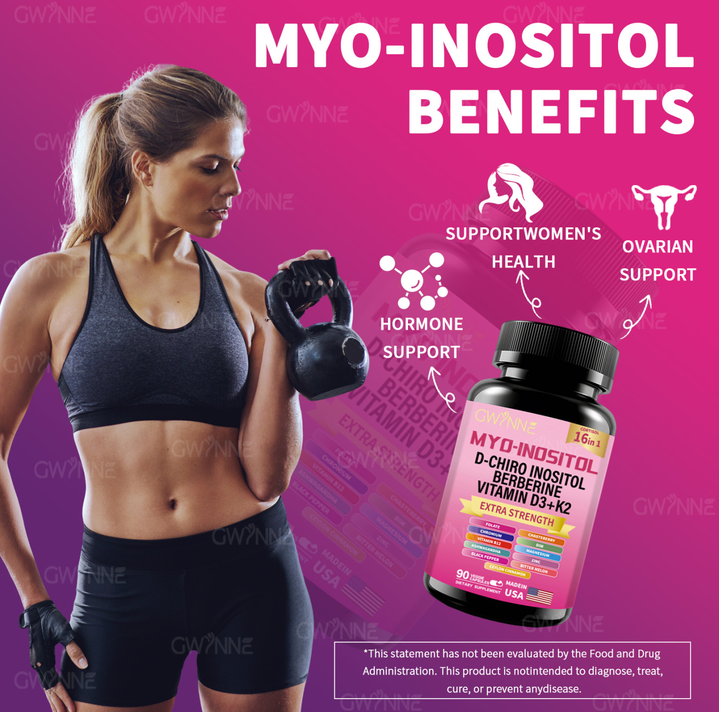 Gwynne Suplemento De Cortisol 90 Cápsulas + Suplemento De Inositol Myo-inositol Y D 90 Cápsulas,con Glicinato De Magnesio,vitamina B12 Y K2