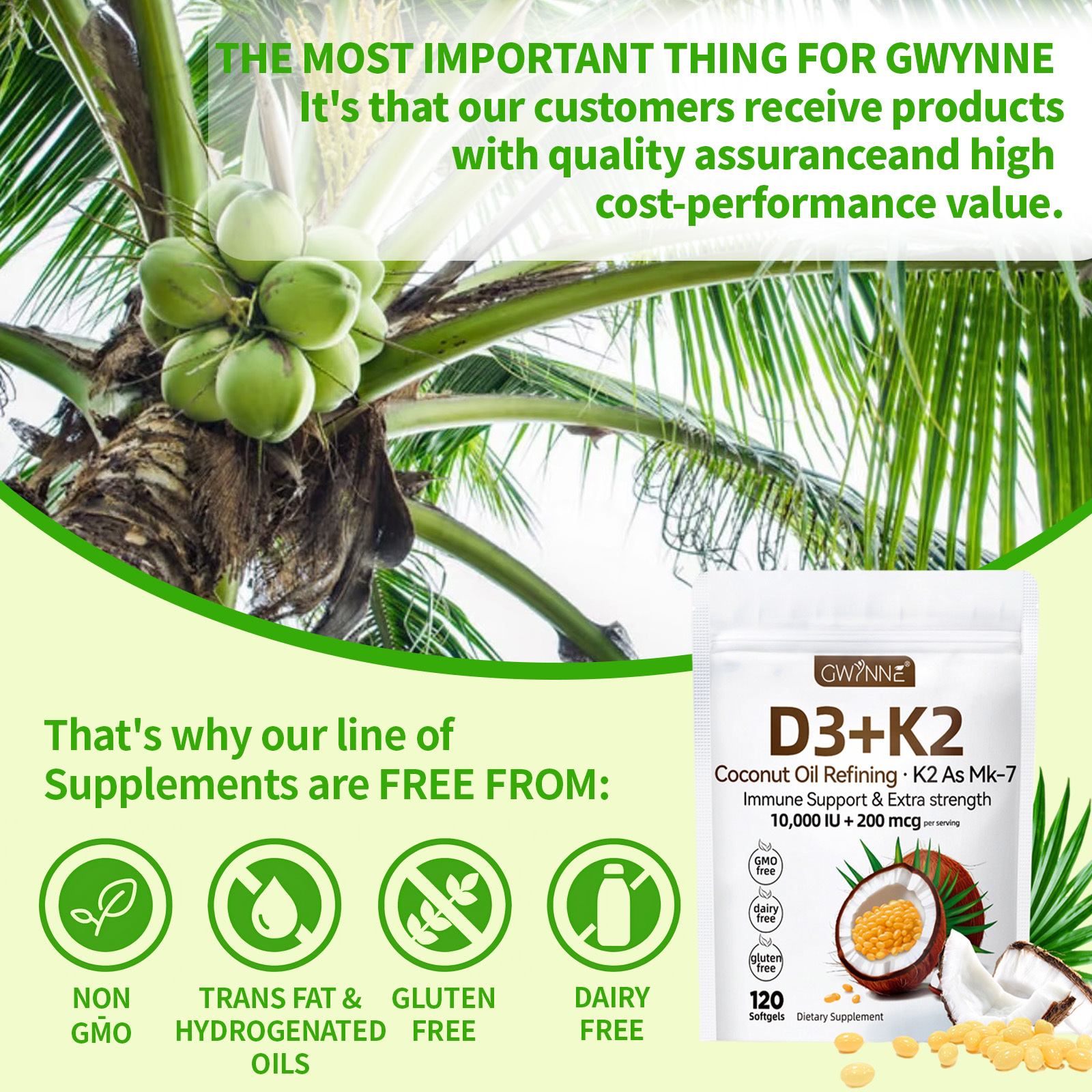 Gwynne Vitamina D3 10.000ui + K2 Mk-7 200mcg,120cápsulas 2 En 1 Aceite De Coco Vírgenapoyo Óseo,inmunológico Y Cardíaco