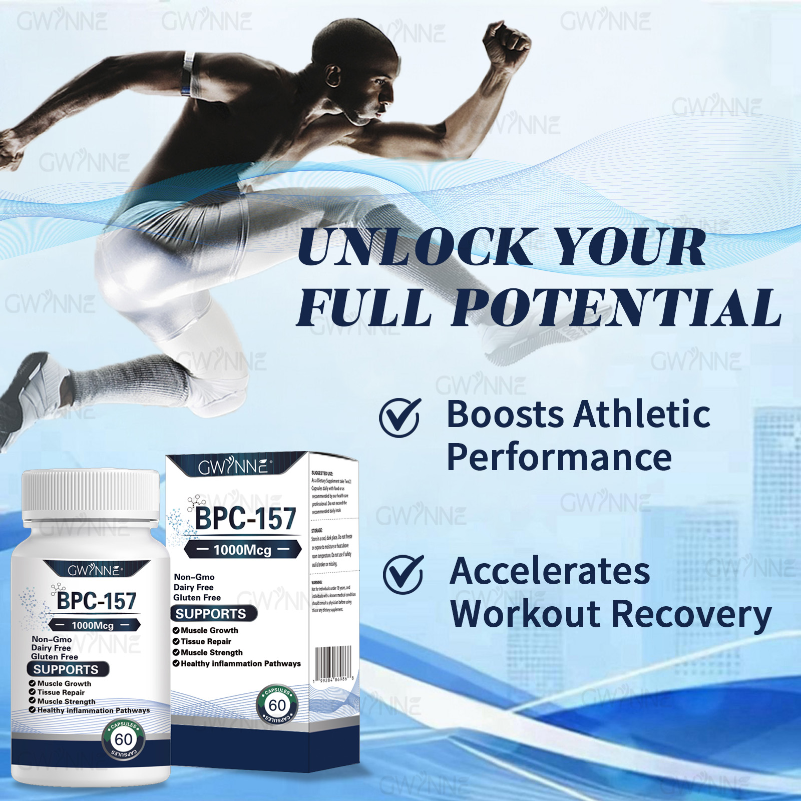 Gwynne Cápsulas De Péptidos Bpc-157 De Alta Potencia Para La Recuperación Muscular Y Del Ejercicio, Recuperación Acelerada Y Curación Intestinal 1000mcg 60 Cápsulas