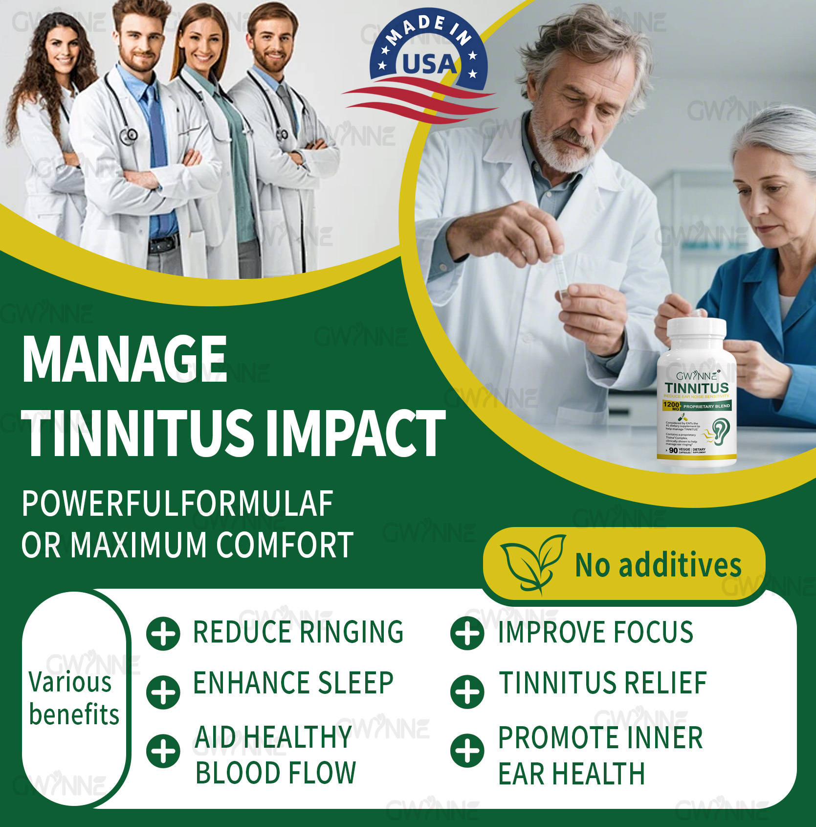 GWYNNE 1200mg Alivio del zumbido en los oídos – Suplemento con vitamina C & Complejo B–Clínicamente probado para el zumbido en los oídos & Alivio del síndrome de Meniere 90Cápsuls