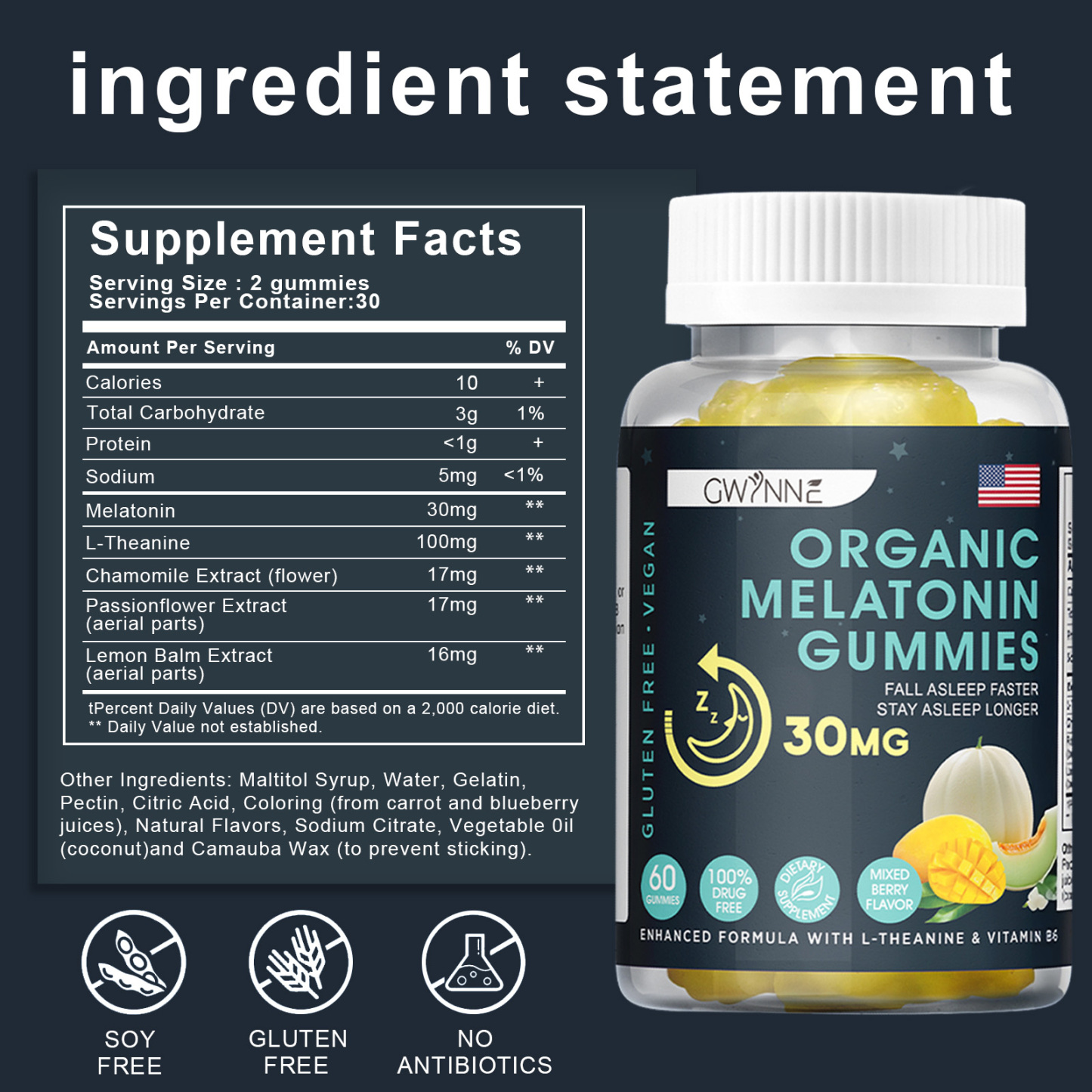 Premium Melatonin 30mg Gummies GWYNNE Ayuda a conciliar el sueño Tranquilidad y sueño prolongado Ayuda a aliviar el estrés Crecimiento muscular Suplemento dietético 60 Gummies