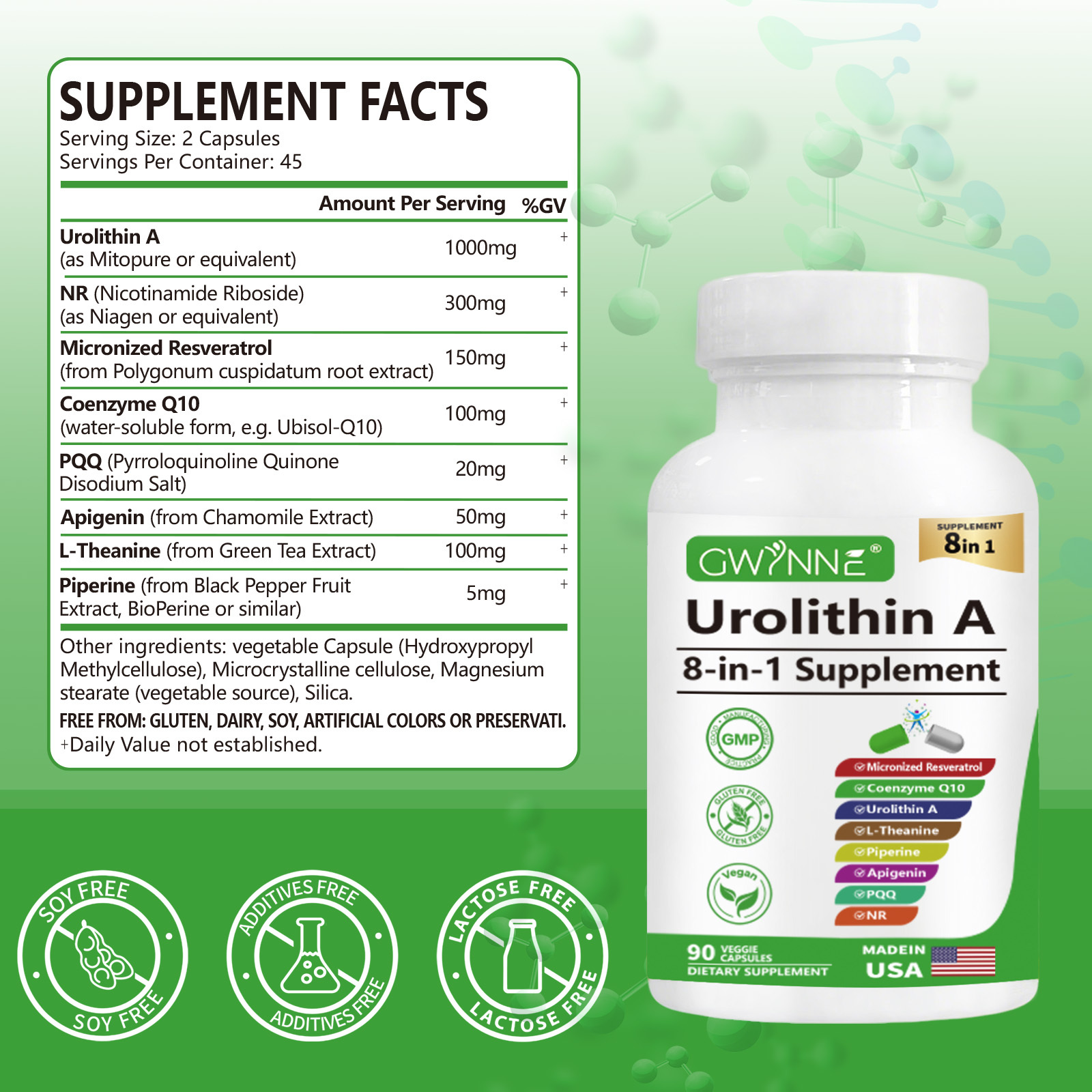 Gwynne Urolithin A 1000mg Complex Supplement 90 Cápsula,con Resveratrol,nr,coq10,pqq Y L-theanine Apoyo A La Energía Mitocondrial Y Celular