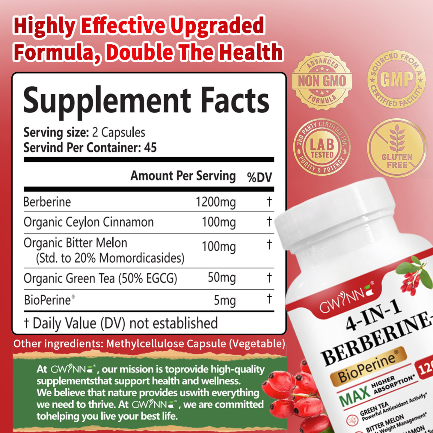 Gwynne 4 En 1 Berberina Y Bioperine 1200mg Con Melón Amargo,canela De Ceilán Y Extracto De Té Verde,apoyo A La Salud Del Corazón,sistema Inmunológico,gi Saludable,90 Cápsulas