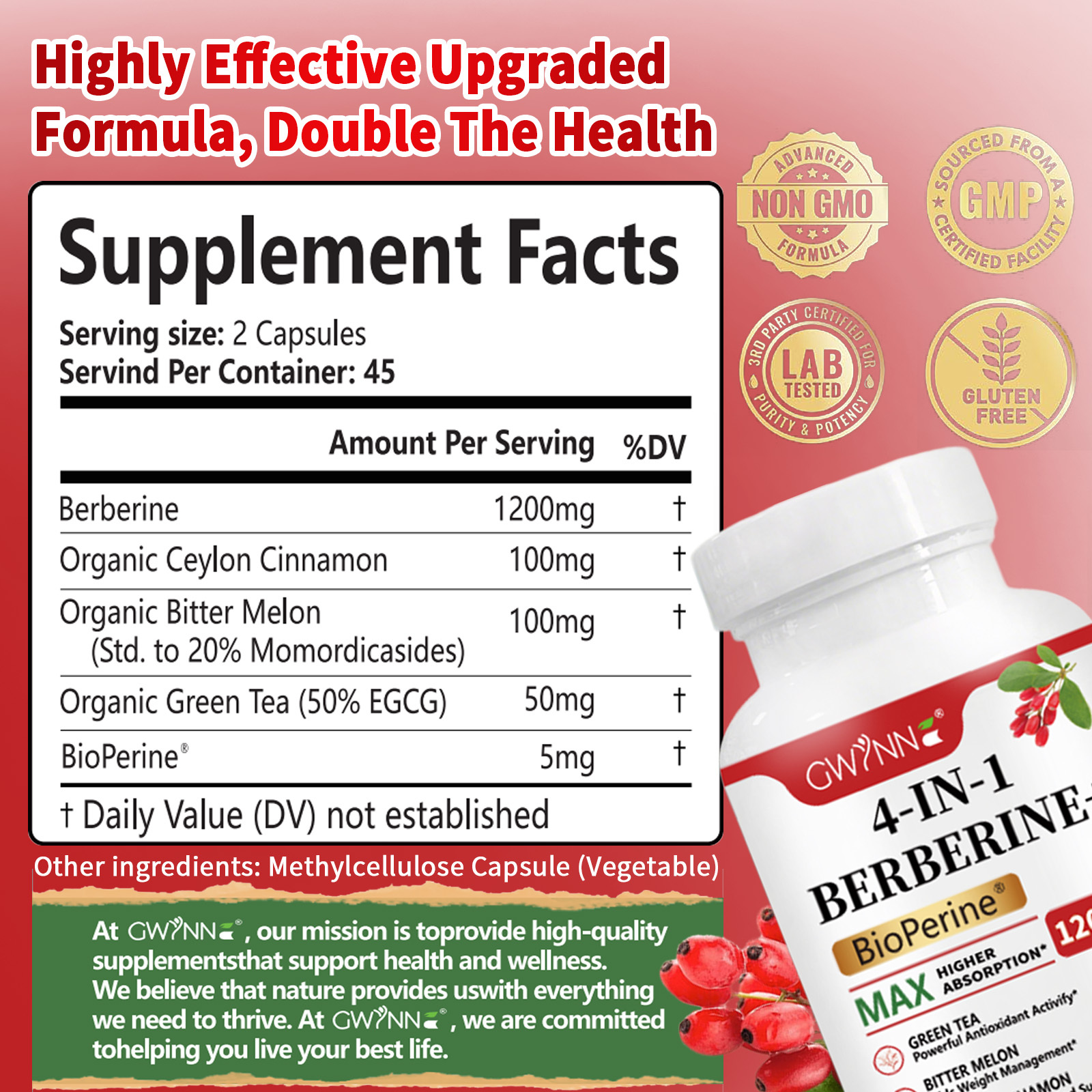 Gwynne 4 En 1 Berberina Y Bioperine 1200mg Con Melón Amargo,canela De Ceilán Y Extracto De Té Verde,apoyo A La Salud Del Corazón,sistema Inmunológico,gi Saludable,90 Cápsulas