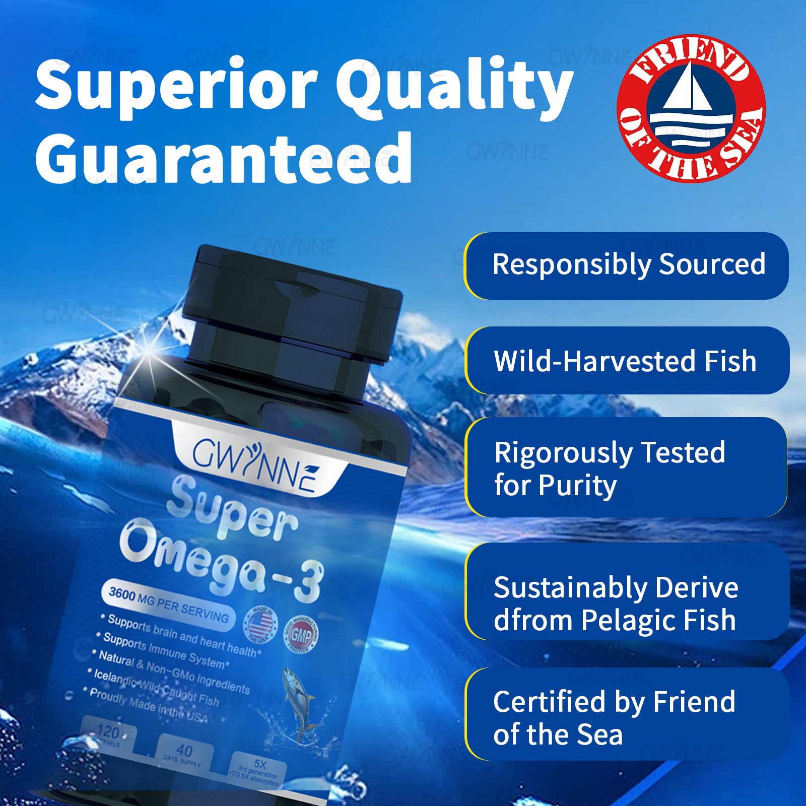 Gwynne Super Omega 3 Premium 3600mg Aceite De Pescado,orégano,pescado Salvaje De Islandia,salud Cerebral,salud Del Corazón,apoyo A La Salud De La Inflamación,apoyo A La Salud Del Colesterol 120Cápsula