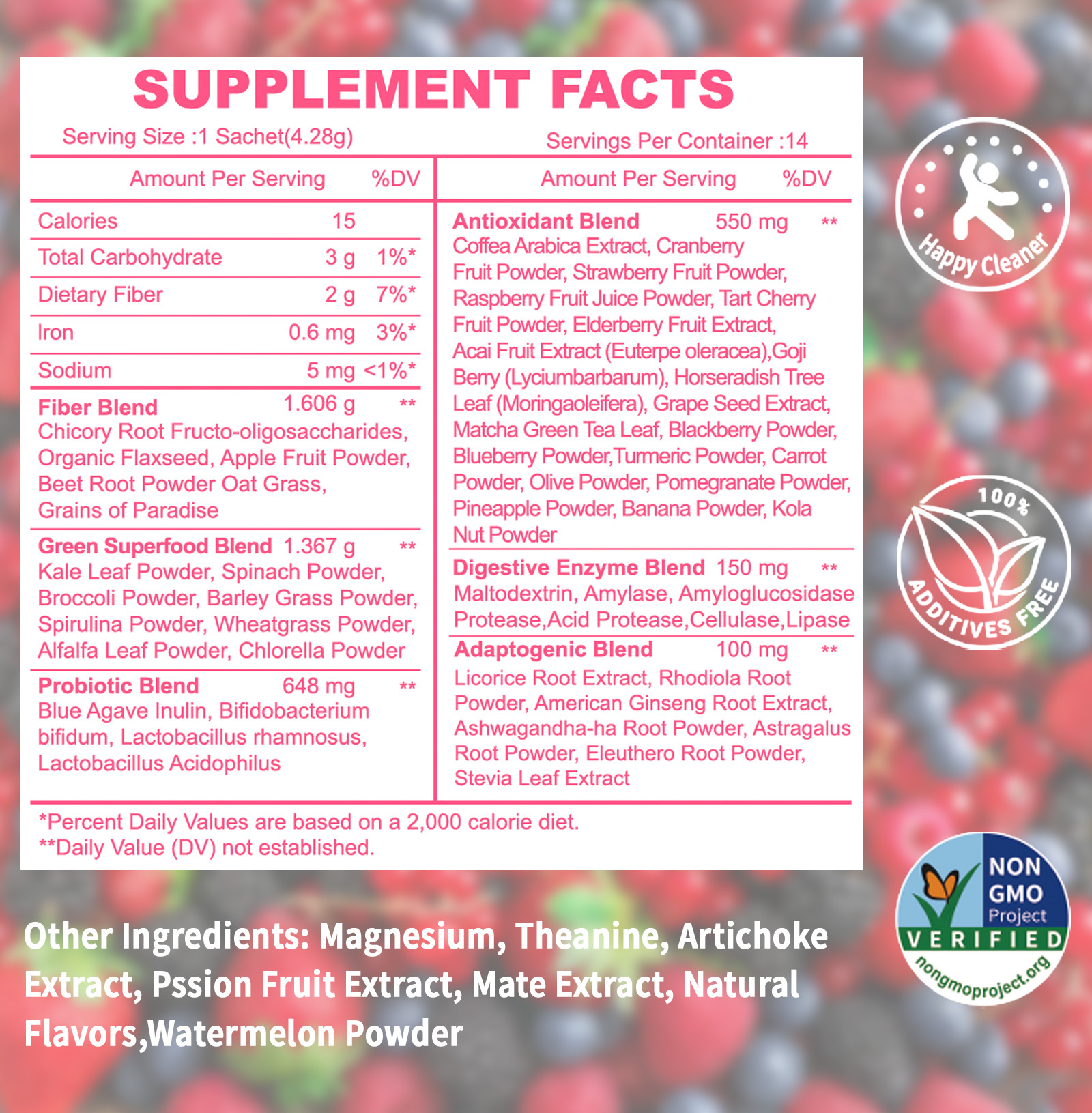 Gwynne Happy Cleaner Polvo Prebiótico Probiótico - Polvo De Mezcla De Bayas (14 Paquetes De Una Sola Porción) Con Frutas