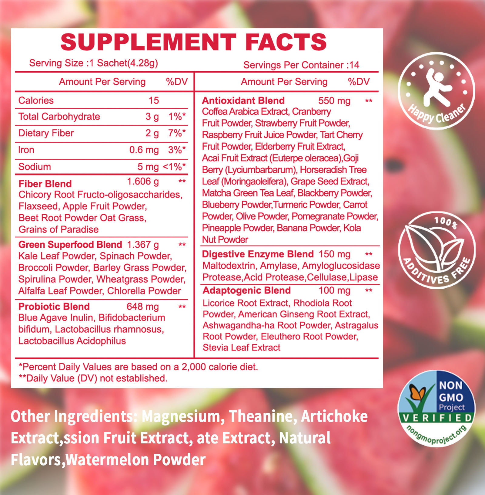 Gwynne Happy Cleaner Polvo Prebiótico Probiótico - Polvo De Mezcla De Sandía (14 Paquetes De Una Sola Porción) Con Frutas