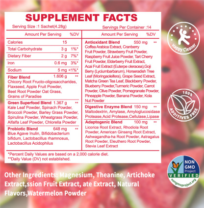 Gwynne Happy Cleaner Polvo Prebiótico Probiótico - Polvo De Mezcla De Sandía (14 Paquetes De Una Sola Porción) Con Frutas