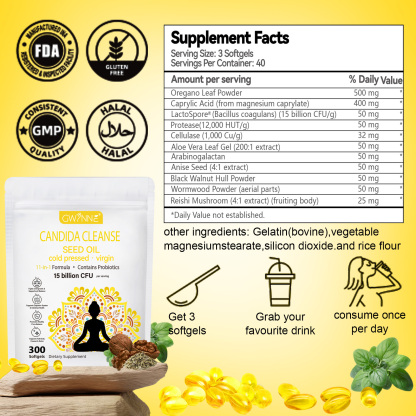 Gwynne Candida Cleanse Seed Oil Cápsulas,hierbas Naturales Para La Desintoxicación Intestinal Con 15 Billion Cfu,300 Cápsulas,11-in-1 Formula Con Hoja De Orégano,ácido Caprílico Y Probiotics