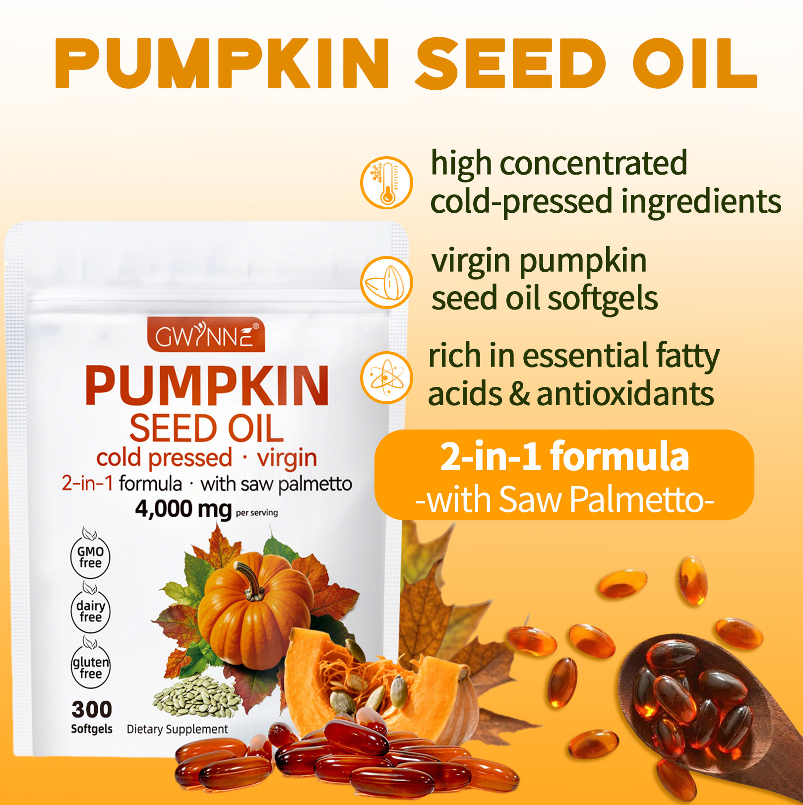 Gwynne 4000mg Cápsulas De Aceite De Semilla De Calabaza,cold Pressed,pure Virgin Oil,apoyar La Salud Del Cabello,el Sistema Urinario Y La Próstata,rico En Ácidos Grasos Y Phytosterols 300cápsulas