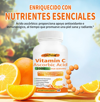 Gwynne Ácido Ascórbico Puro De Vitamina C 2000mg,90 Cápsulas,formas Solubles En Grasa Y Agua Altamente Biodisponibles,antioxidante Y Suplemento De Apoyo Inmunológico