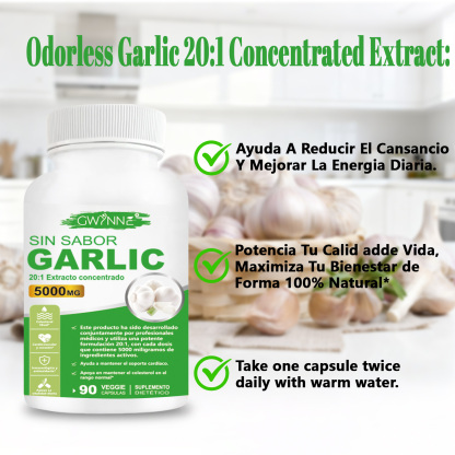 Gwynne Sin Sabor Garlic 20:1 Extracto Concentrado 90 Cápsulas,5000 Mg De Fuerza,mantener Los Niveles De Colesterol,apoyar El Corazón,antioxidantes