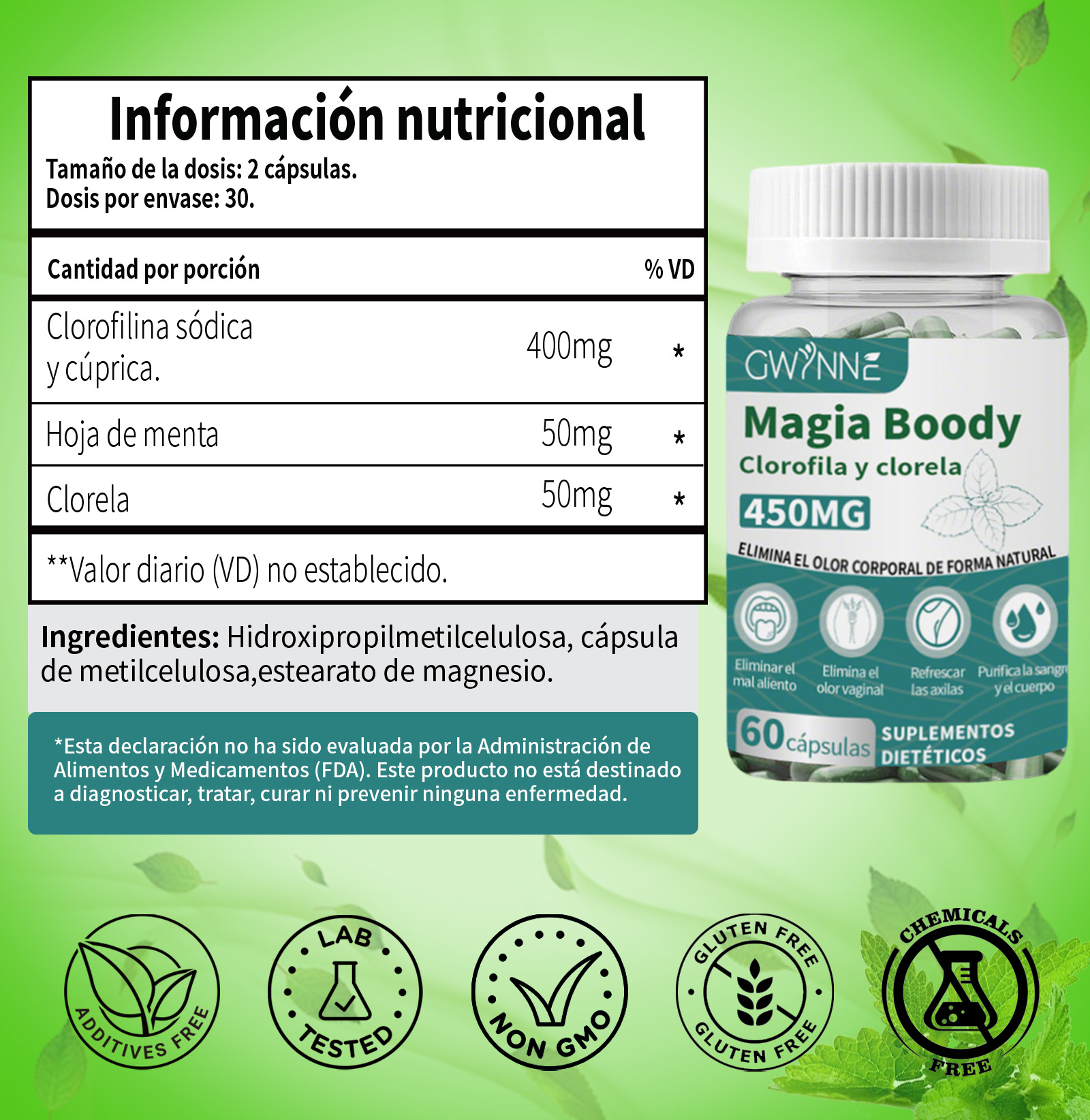 Gwynne Boody Magic Tabletas De Clorofila Natural Para El Olor Corporal Femenino Contiene 450 Mg De Clorofila Y Chlorella, Suplemento Desodorante Corporal Para Hombres Y Mujeres,60 Cápsulas