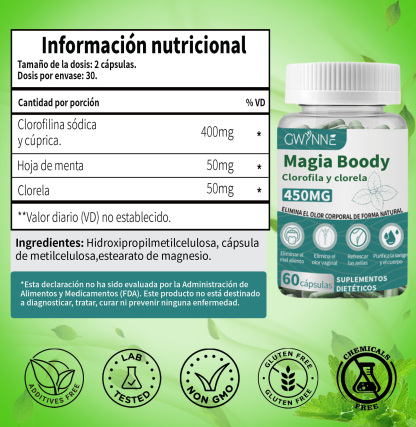 Gwynne Boody Magic Tabletas De Clorofila Natural Para El Olor Corporal Femenino Contiene 450 Mg De Clorofila Y Chlorella, Suplemento Desodorante Corporal Para Hombres Y Mujeres,60 Cápsulas