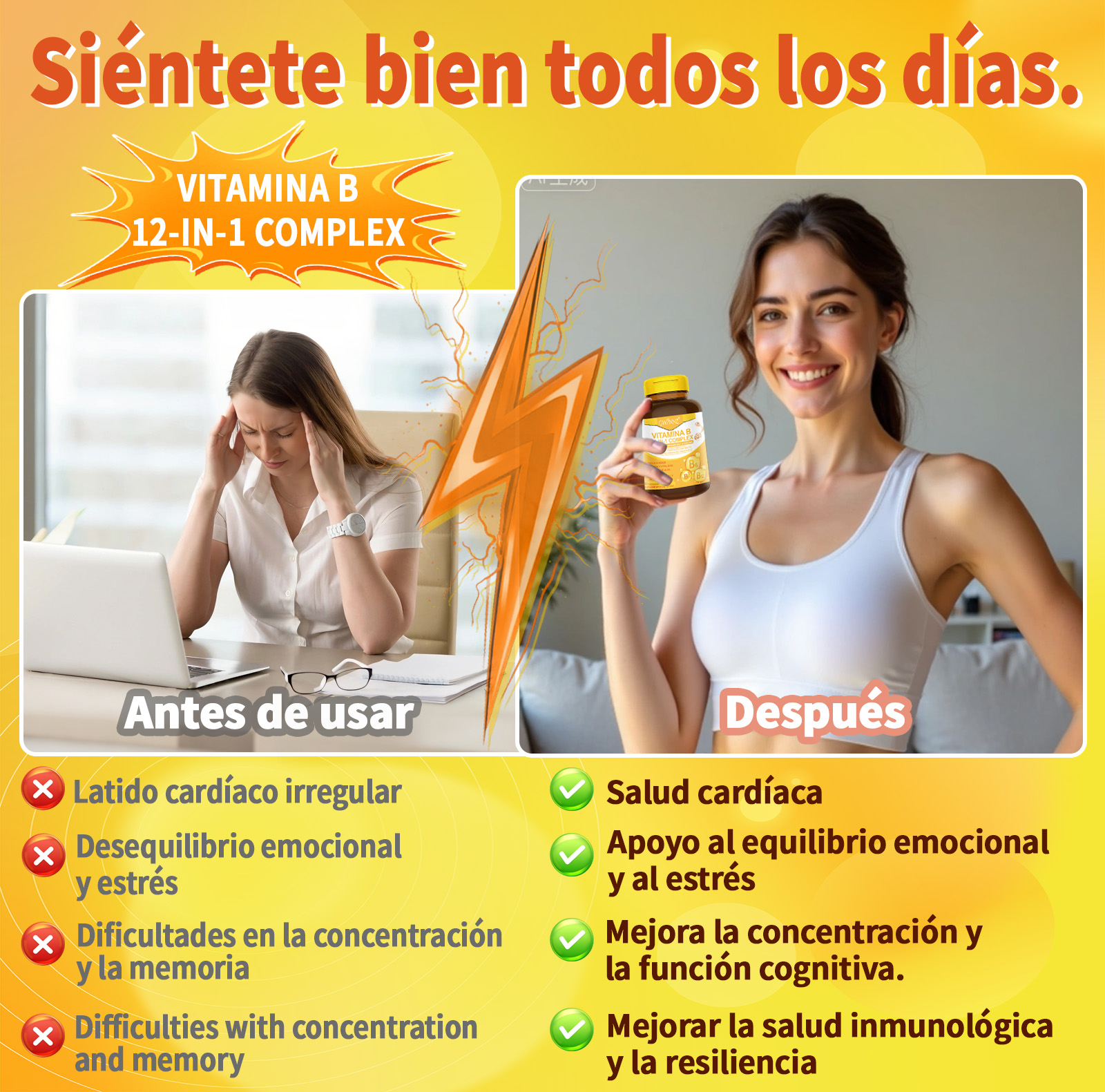 Gwynne Complejo De Vitamina B,receta 12 En 1,con Vitamina C,b2,b12,b1,b3,b5,b6,colina,magnesio Y Inositol, Apoyo Energía,cerebral Y Cardíaco,90 Cápsulas