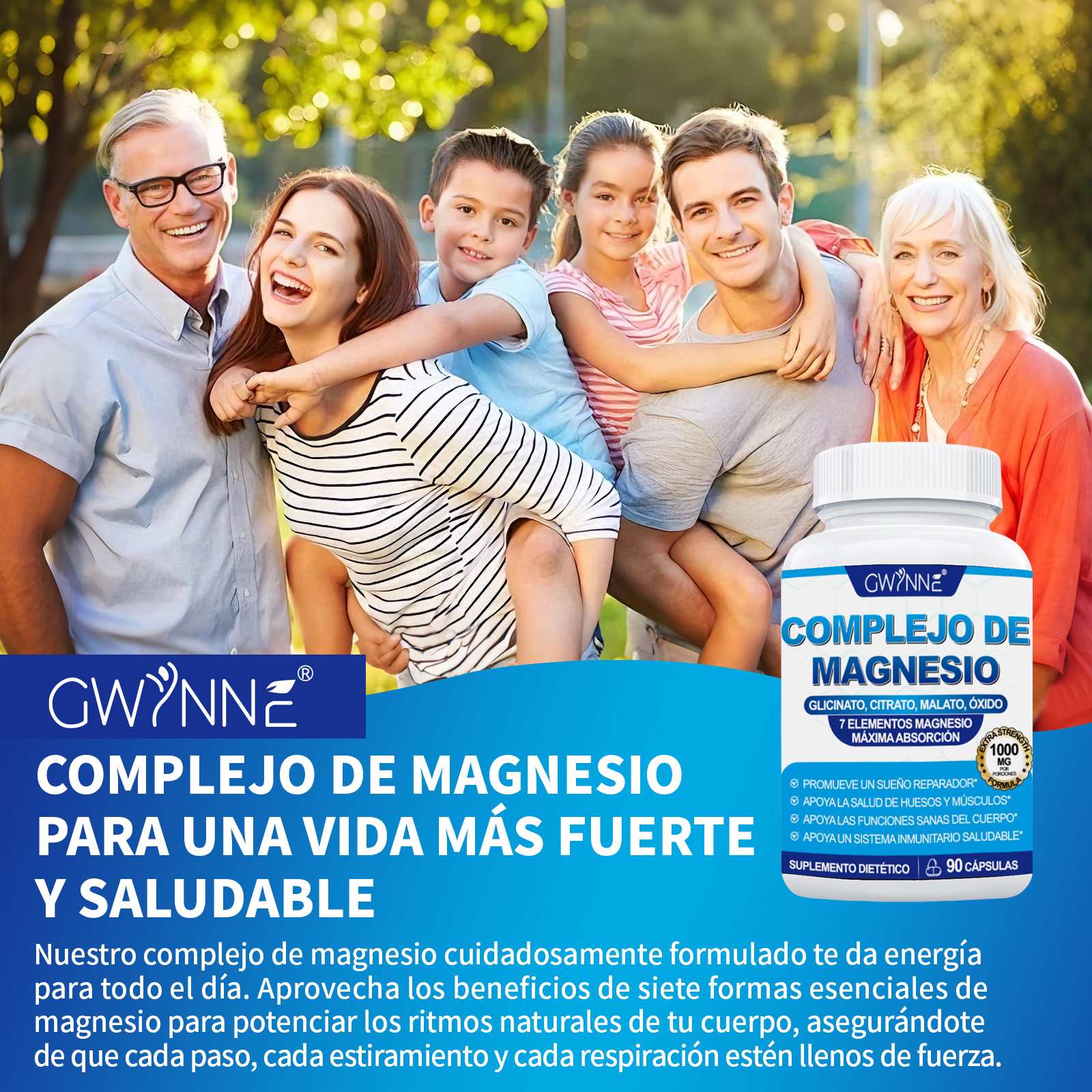 Gwynne Suplemento Complejo De Magnesio 7 Elemental 1000mg - Glicinato,citrato,malato,taurato De Magnesio, Quelatado Para Fácil Absorción Para Huesos,músculos,recuperación,energía,90 Cápsulas