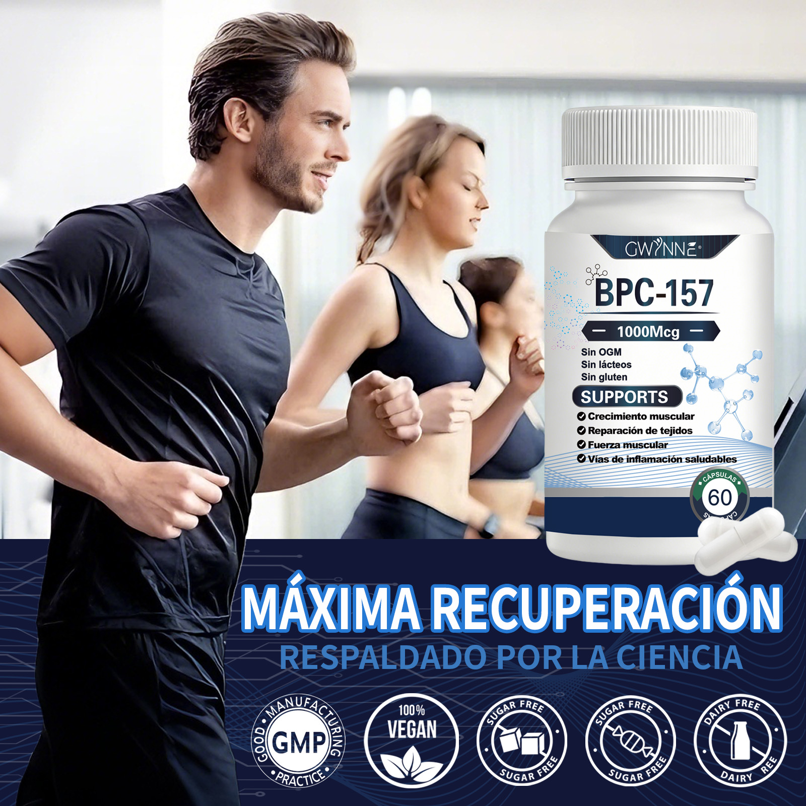 Gwynne Cápsulas De Péptidos Bpc-157 De Alta Potencia Para La Recuperación Muscular Y Del Ejercicio, Recuperación Acelerada Y Curación Intestinal 1000mcg 60 Cápsulas