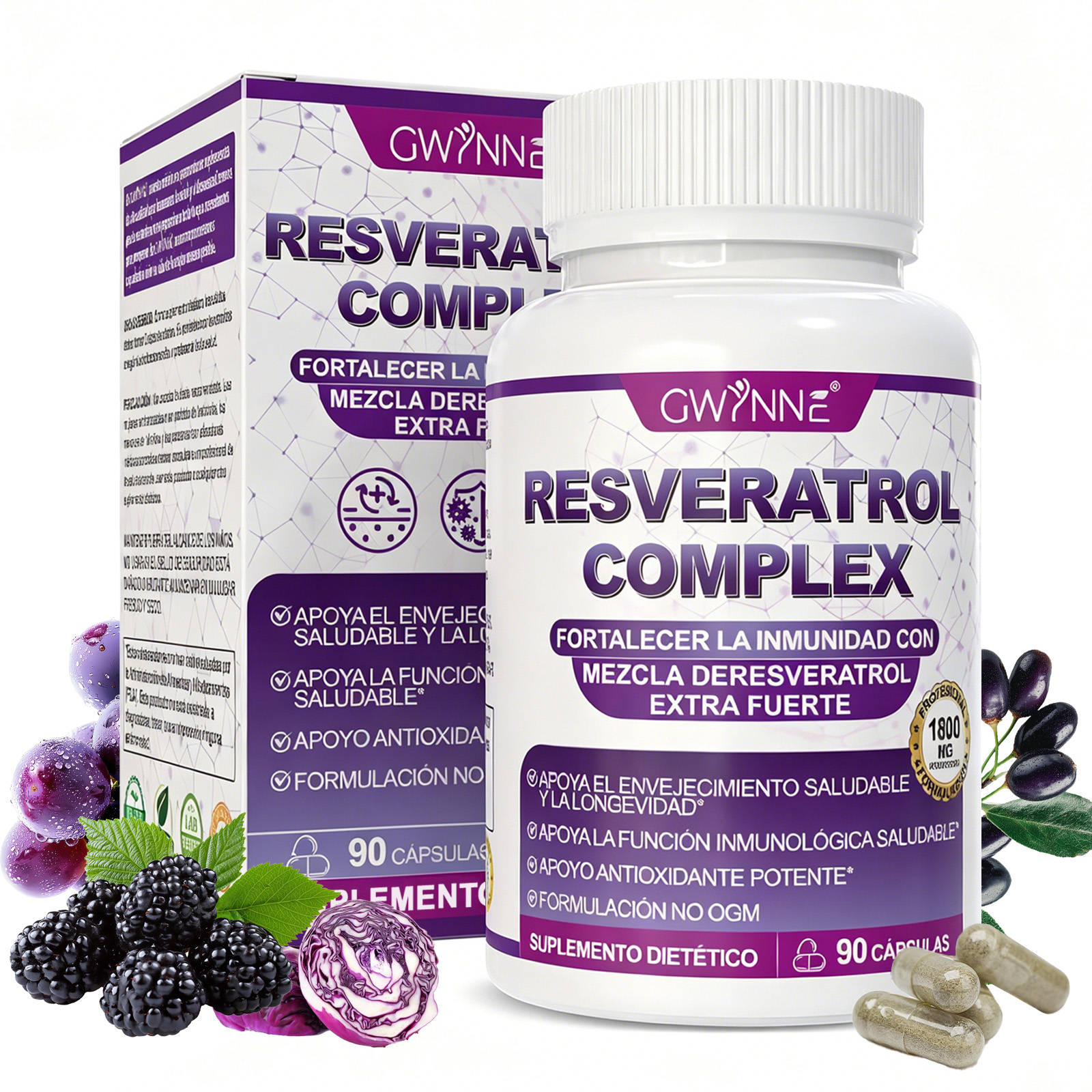Gwynne Resveratrol Supplement 1800 Mg Complejo Antioxidante 90 Cápsulas,píldoras De Resveratrol Para Envejecimiento Saludable,apoyo A La Salud General,sistema Inmunológico,función Cerebral