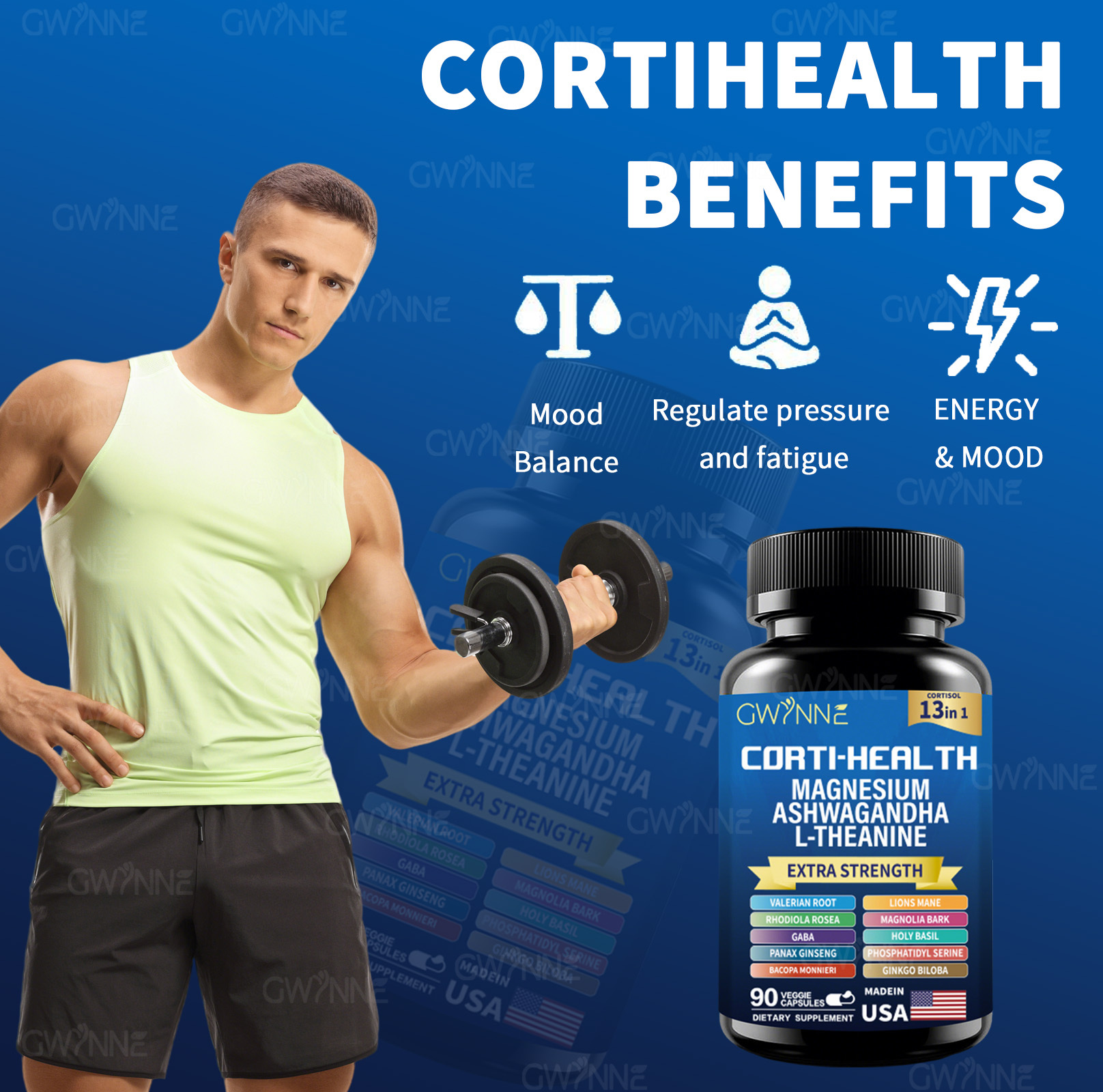 Gwynne Suplemento De Cortisol 90 Cápsulas + Suplemento De Inositol Myo-inositol Y D 90 Cápsulas,con Glicinato De Magnesio,vitamina B12 Y K2