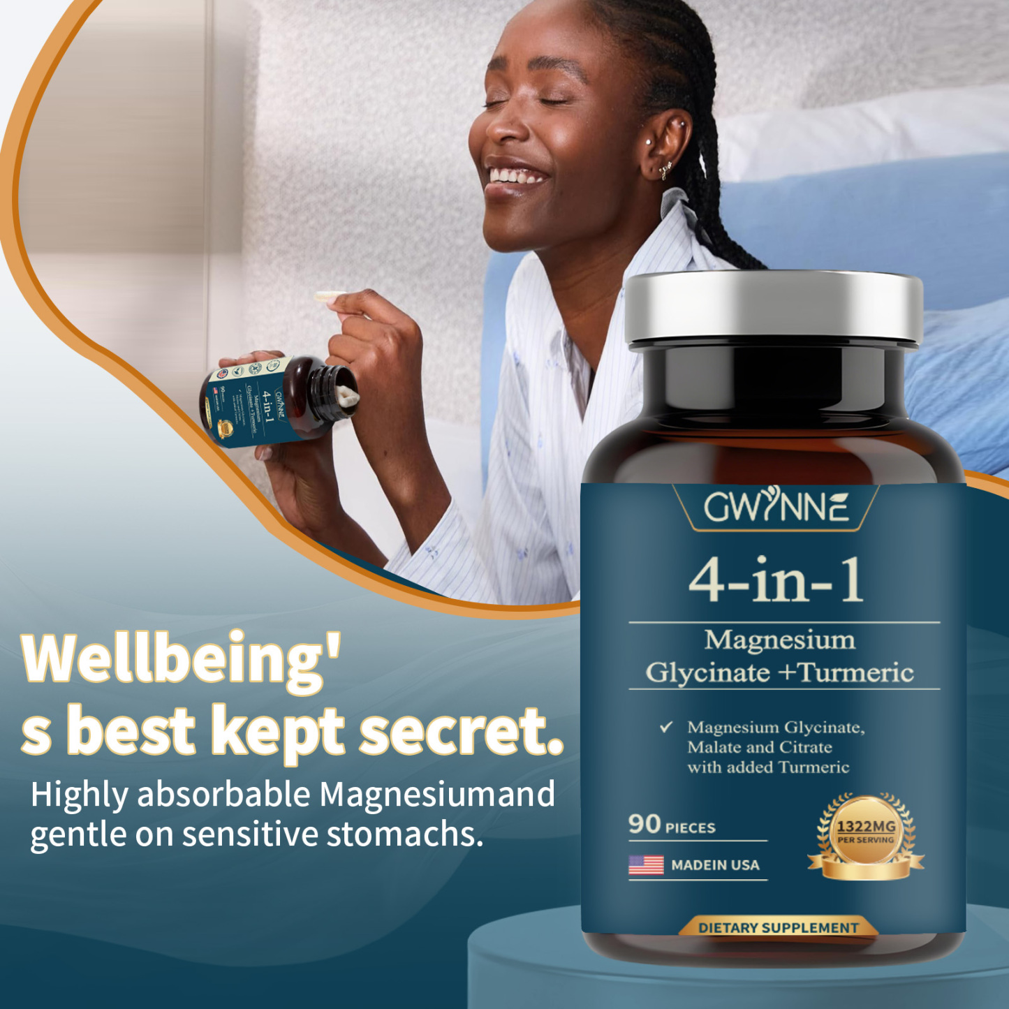 Gwynne 4 En 1 Triple Magnesium Complex:1322mg De Glicinato De Magnesio,malato De Magnesio Y Citrato De Magnesio,2000 Mg De Curcumina,para Fortalecer Los Músculos,los Nervios Y La Energía 90 Cápsulas