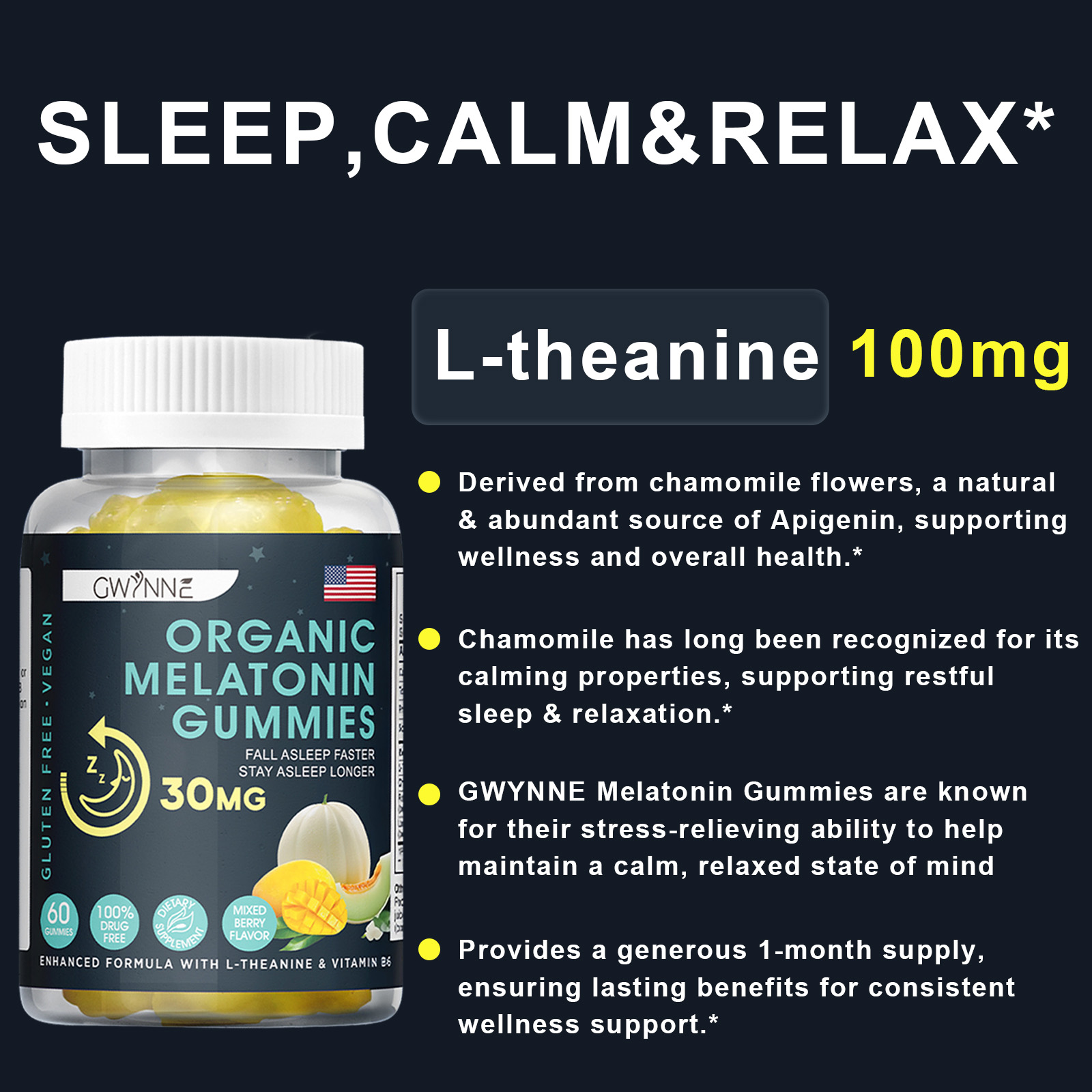 Premium Melatonin 30mg Gummies GWYNNE Ayuda a conciliar el sueño Tranquilidad y sueño prolongado Ayuda a aliviar el estrés Crecimiento muscular Suplemento dietético 60 Gummies
