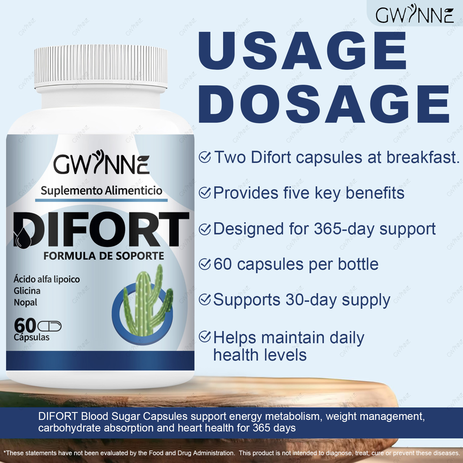 Gwynne Difort, Calmante, Reduce El Azúcar En La Sangre, Life Extension 60 Cápsulas