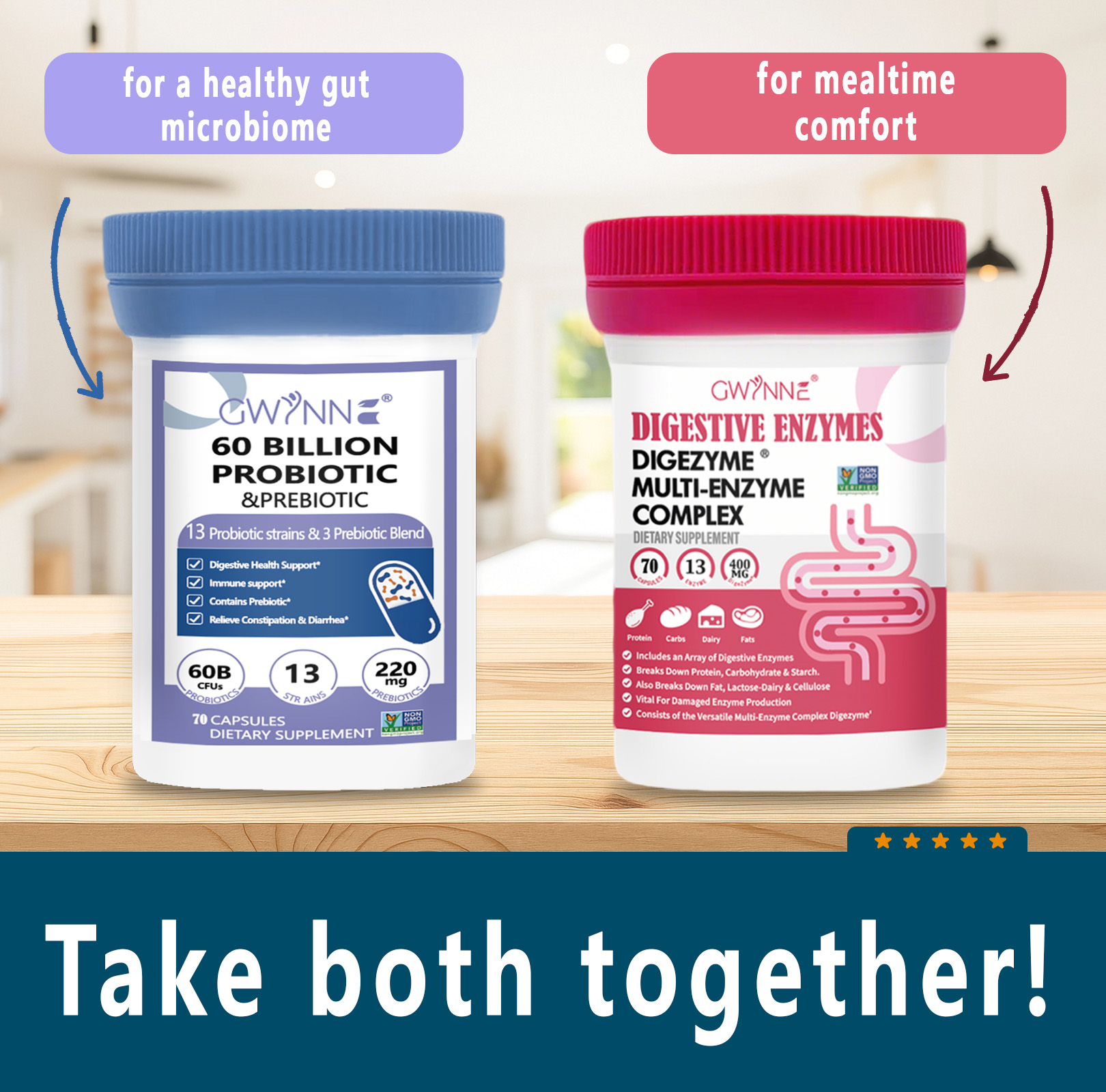 Gwynne Paquete Avanzado Salud Intestinal:Vaginal probióticos 60 Billion De Ucf 70Cápsula Y Enzimas Digestivas 400mg 70Cápsula,para Salud Digestiva Y Salud Intestinal,apoya El Estreñimiento Ocasional